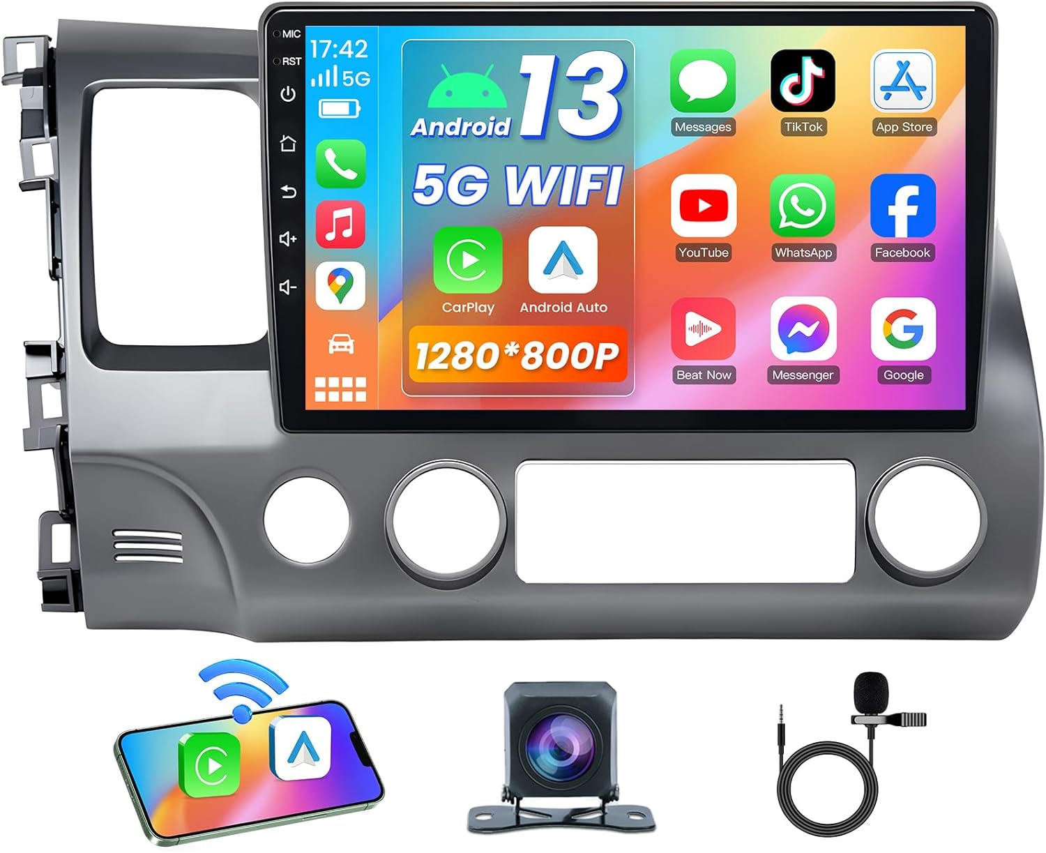 4 Core+64G ROM Car Radio Stereo for Honda Civic 2006 2007-2011: Android Car Radio with 10.1 Inch 1280x800 HD Touch Screen - Wireless CarPlay Android Auto Bluetooth 5G WiFi FM GPS SWC Backup Camera