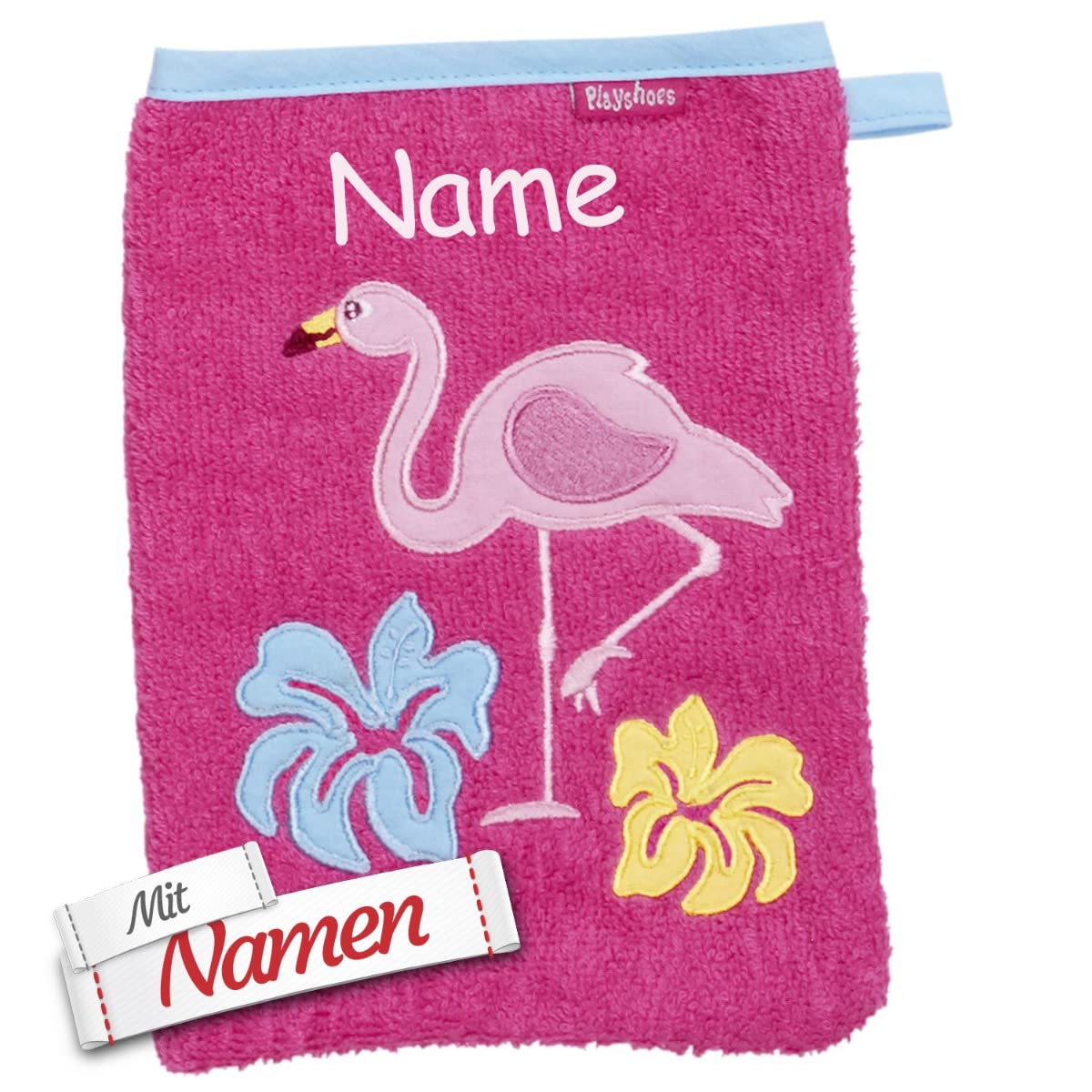 LALALO Frottee-Waschhandschuh Flamingo, mit Namen bestickt, Geschenk zur Geburt, Taufe, Babyparty, Geburtstag, Waschhandschuh Waschlappen Waschtuch für Kinder Baby Kleinkind Mädchen, pink 15x20 cm