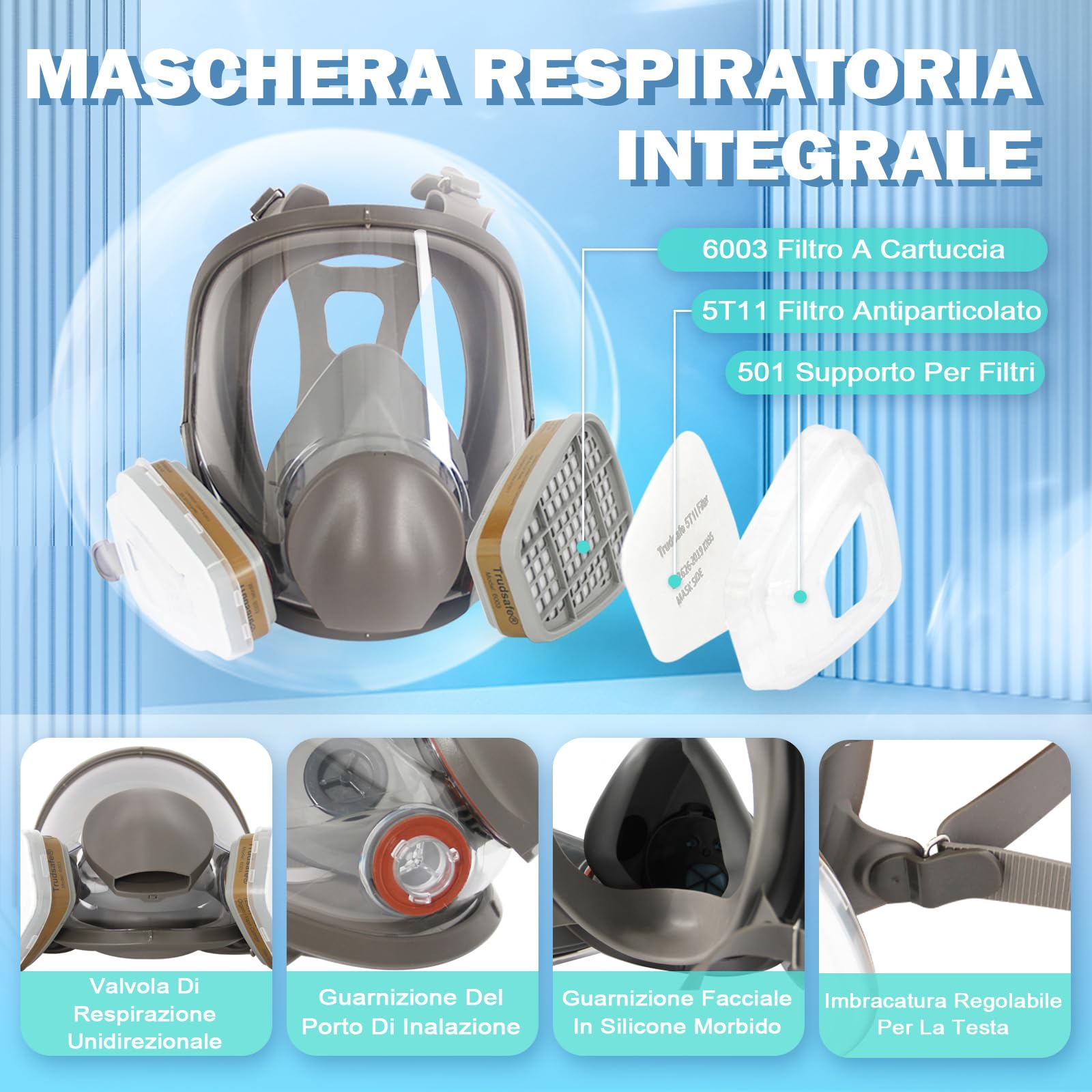 Trudsafe 27 in 1 Maschera Respiratoria a Pieno Facciale 6800 con Cartuccia di Vapore Organico 6001 e 10 Pezzi di Copertura per Lenti 6885, Maschera Respiratoria con Filtri per Verniciatura