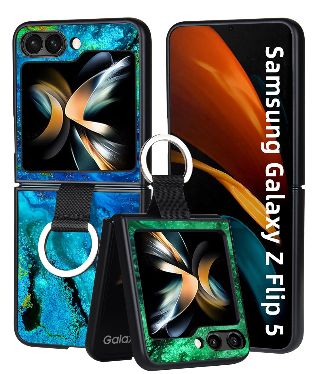 YOVIAKK Galaxy Z Flip 5 5G Case, Ultra Slim Blue Marbleized Luminous Protective Case with Finger Ring Design, Easy to Carr...