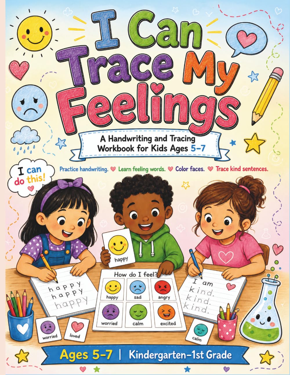 I Can Trace My Feelings: A Handwriting and Tracing Workbook for Kids Ages 5–7 Practice handwriting. Learn feeling words. Color faces. Trace kind sentences.