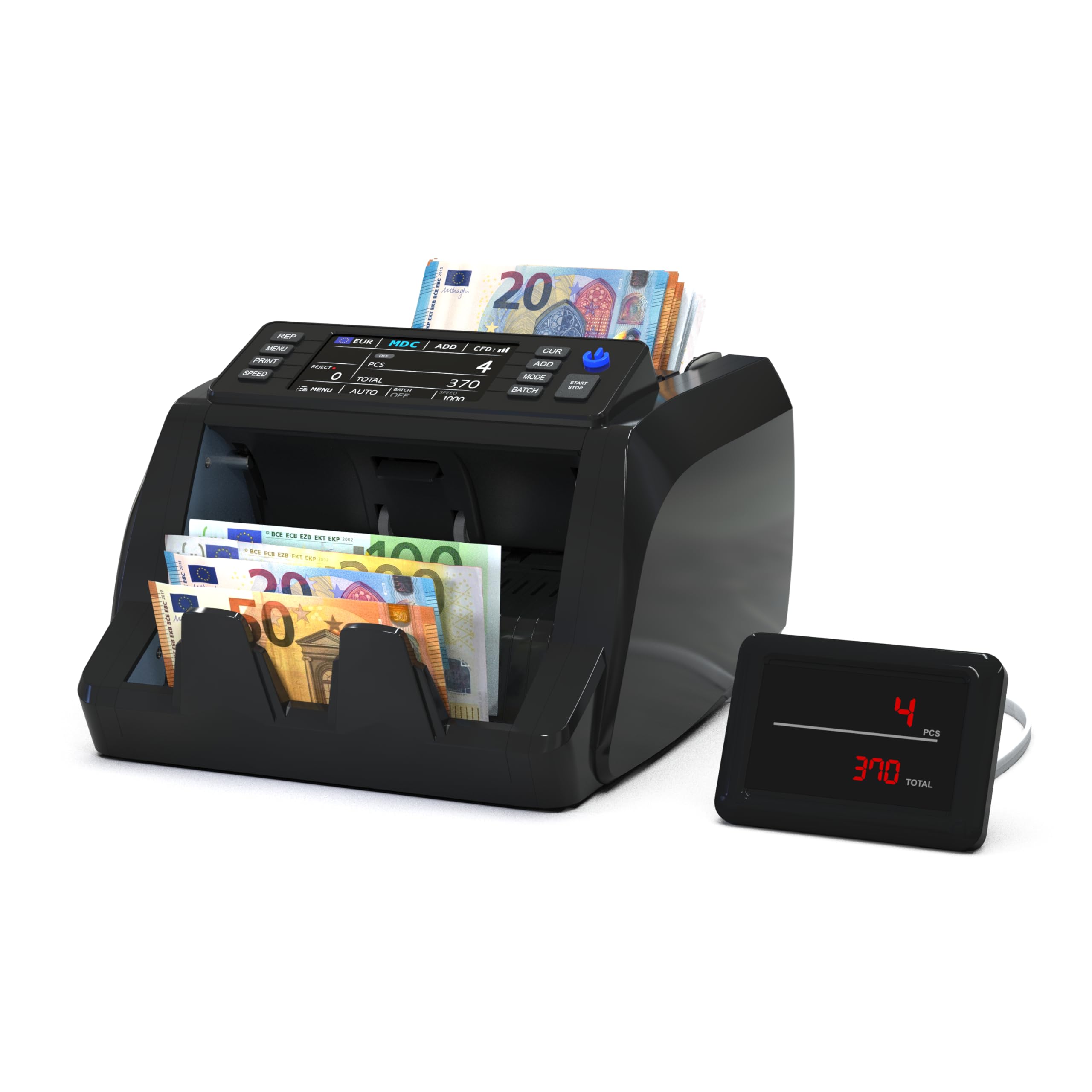 Detectalia V20 Banknotenzähler mit UV/MG/IR/MT/CIS Erkennung, 4,5” Touchscreen + Externes Display, Seriennummern-Lesung, Multiwährungs-Mischzählung (EUR/GBP/CHF/USD/SEK/PLN/TRY/DKK), 1200 Scheine/Min