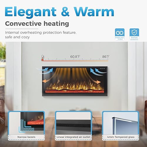 Miniatura 4 de GREEN PARTY Chimenea eléctrica de 60 pulgadas, empotradamontada en la pared, ultrafina, calentador de chimenea lineal de bajo ruido con control