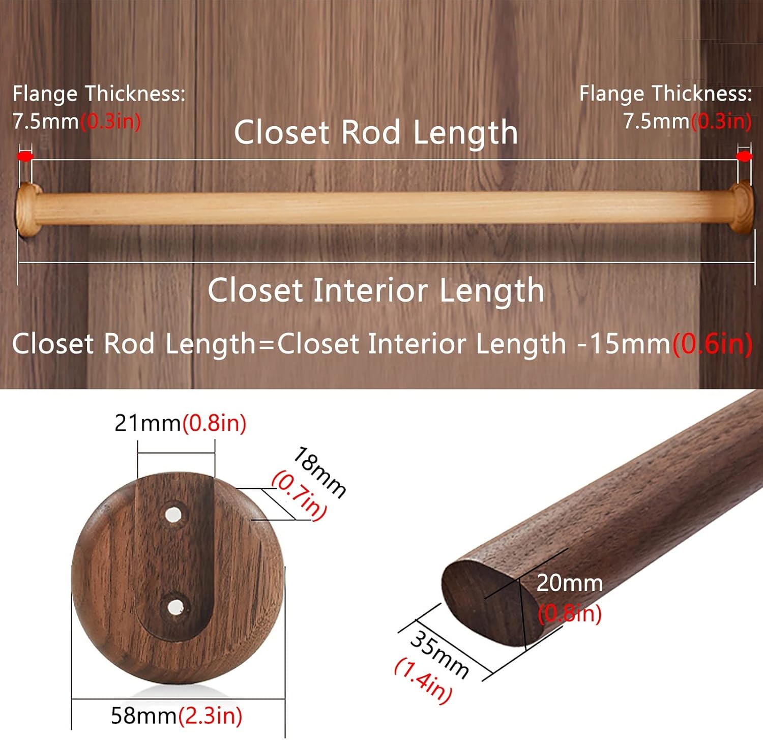 Wall Mounted Closet Rods with End Supports, Portable Removable Garment Bar for Laundry Room/Clothing Store, Heavy Duty Solid Wood, Load 70Kg/154Lbs/Rod Length-4