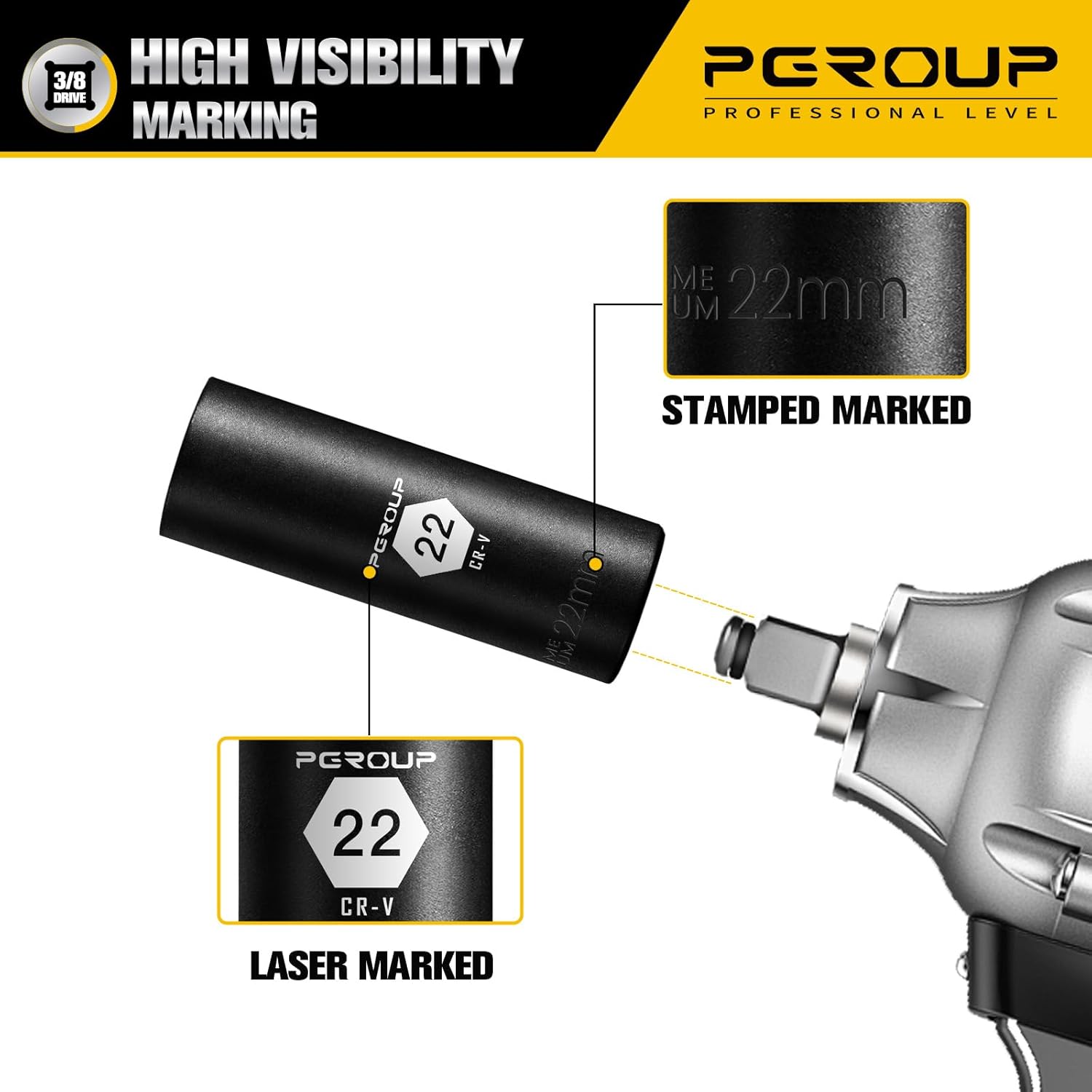 3/8” Drive Deep Impact Socket, Metric(22mm socket), 6-Point, Cr-V Steel With Black Manganese Phosphate Coating
