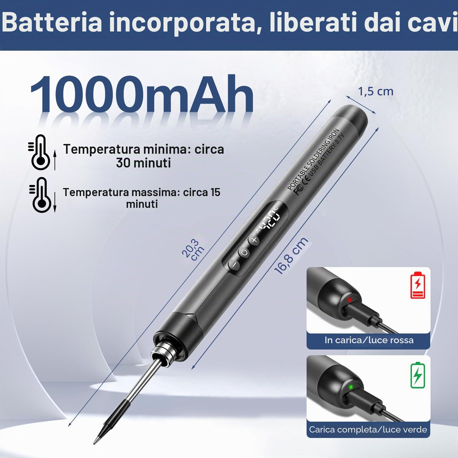 Set di saldatori a batteria, ricaricabile tramite USB, con LCD, senza fili, temperatura regolabile da 260 a 420 °C, 3 punte per saldatura, filo per saldatura, set regalo per fai da te