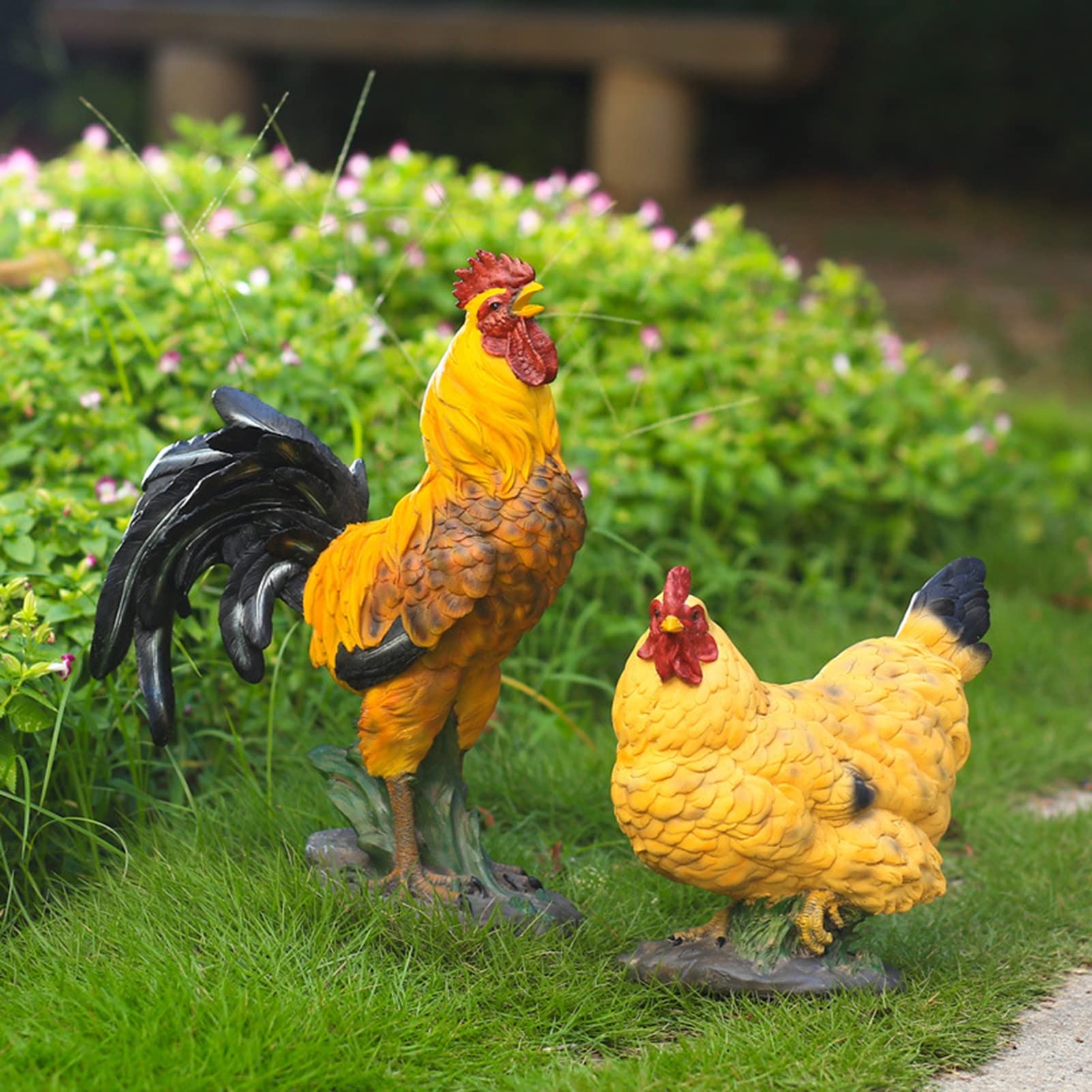 Garten Hahn Henne Figur Simulierter Huhn Kunstharz Handwerk Sammler Tierfiguren Deko für Draußen Garten Miniaturen Skulpturen & Statuen Schmuckstück,Rooster