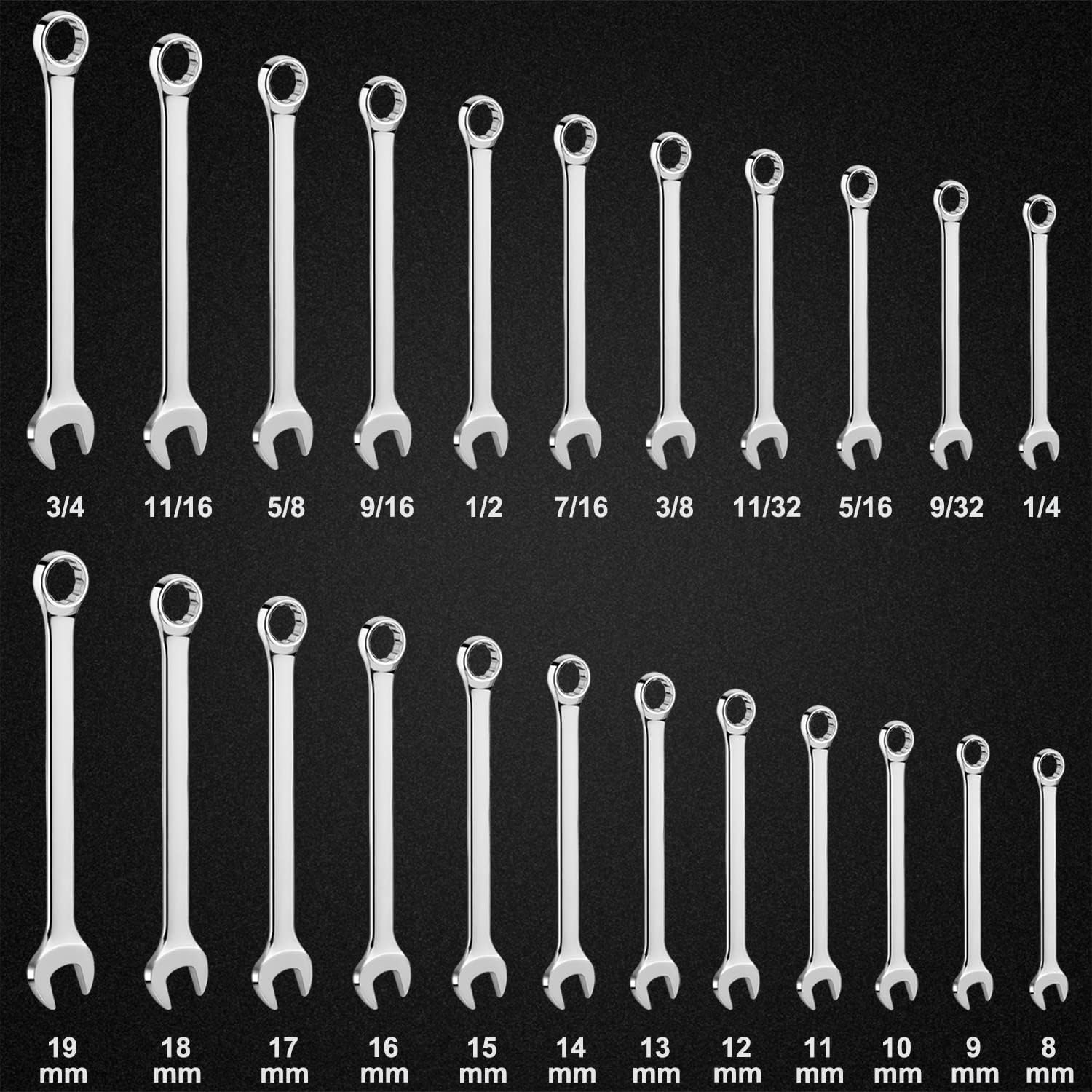 23-Piece Premium SAE and Metric Combination Wrench Set in Roll-up Pouch | Inch Size 1/4 - 3/4” and Metric Size 8 - 19mm | Chrome Vanadium Steel, Mirror Finish, 12-Point Box End and 15° Angled Open End