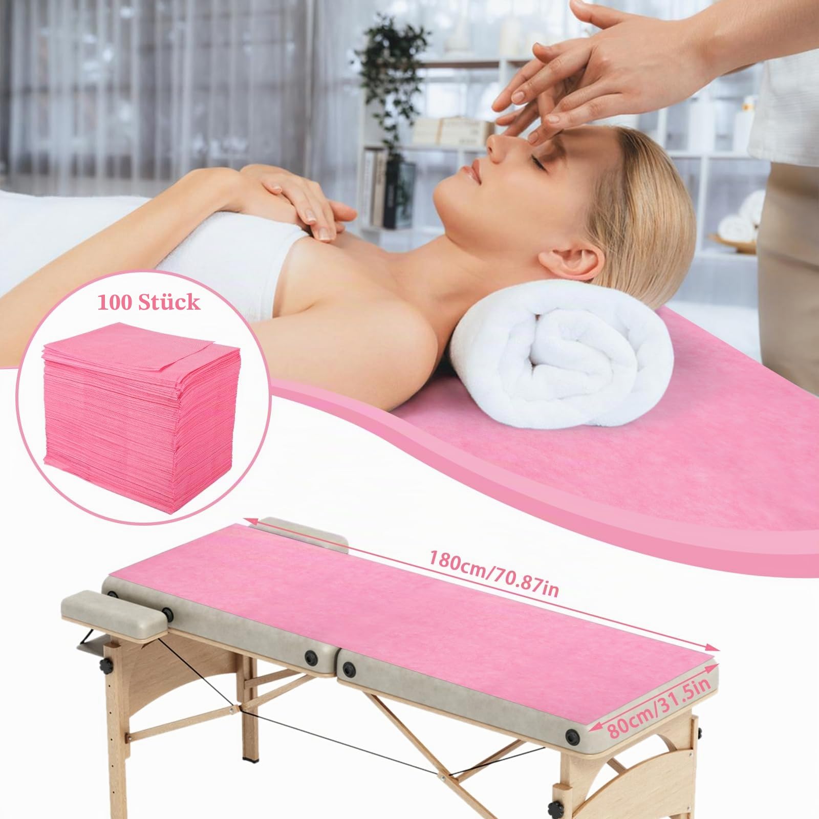 Abdeckung für Massagebetten, Einweg-Bettlaken, 100PCS Einweg-Massage-Spa-Bettlaken, weiche Vliesstoff-Massagetisch-Bettlaken-Schutzbettdecken für Schönheitssalon,Spa,Massage,Hotels, 180 x 80 cm (Rosa)