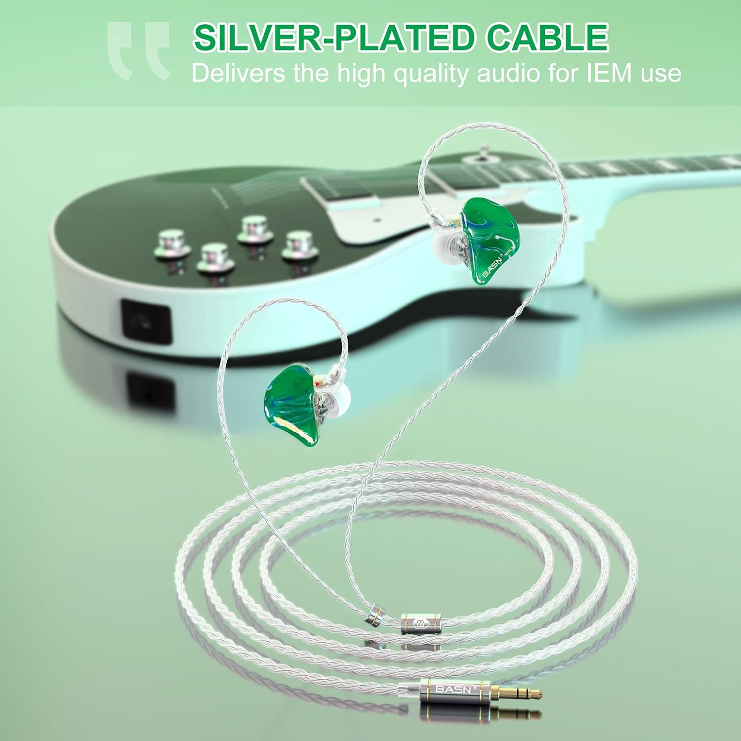 BASN in Ear Monitor Headphones for Musicians, Triple Driver Noise Isolating Earphones with 2 MMCX Detachable Cables (Ice Green)