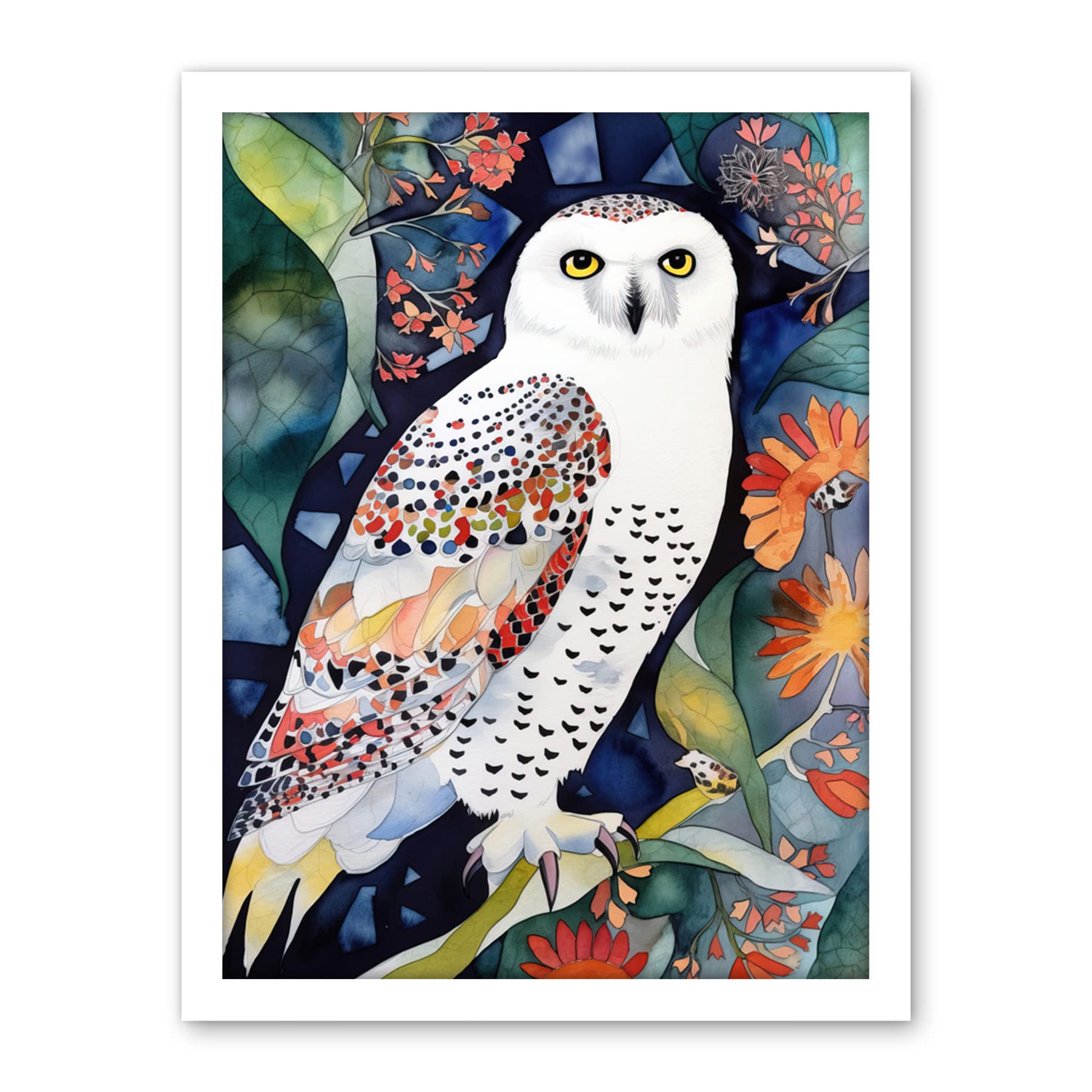 Artery8 Snowy Owl On Blooming Tree Folk Art Artwork Framed Wall Art Print 18X24 Inch