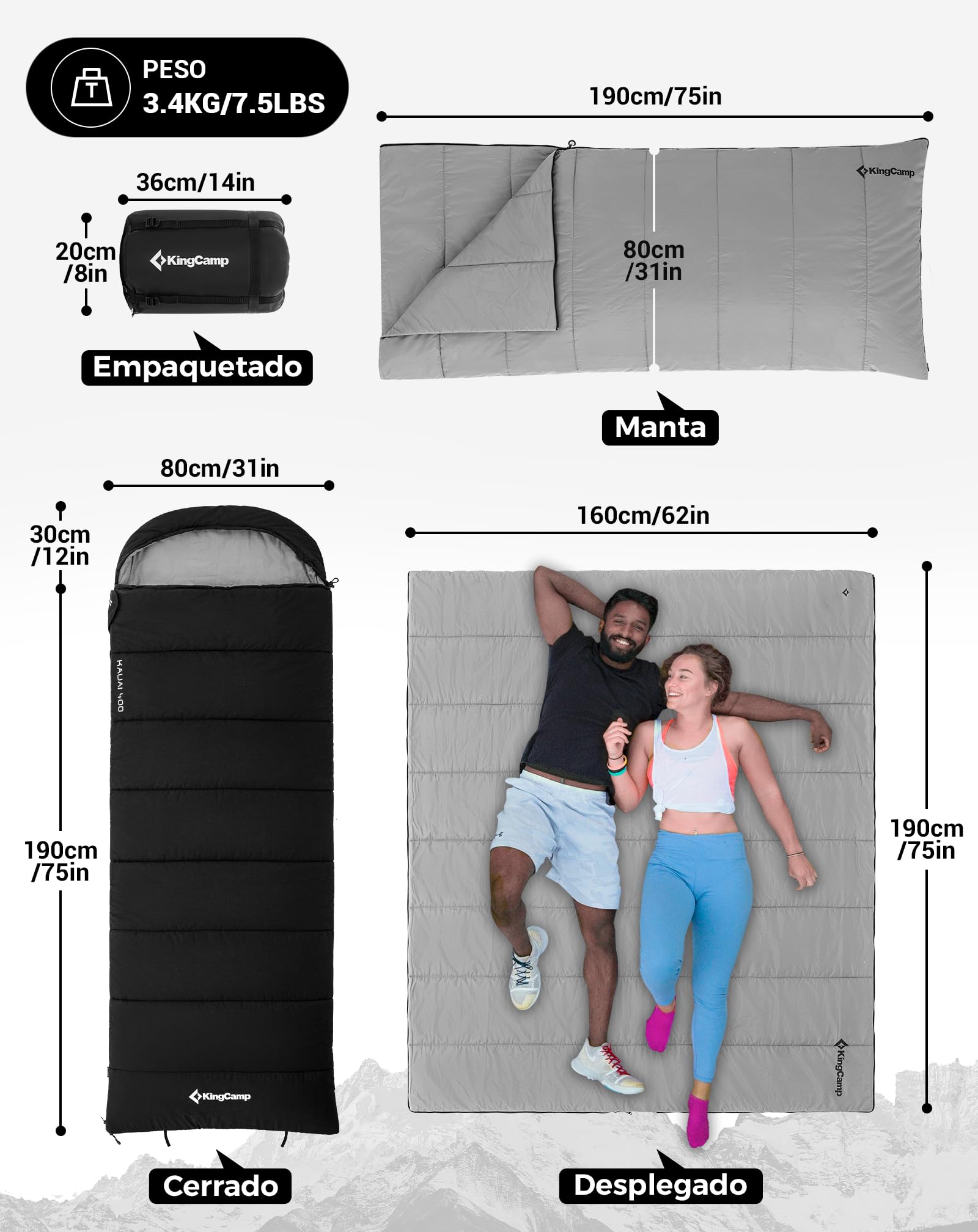 KingCamp Saco De Dormir Para 4 Estaciones Con Manta Extraíble Saco De Dormir De Franela Para Adultos Invierno Camping Interiores Exteriores