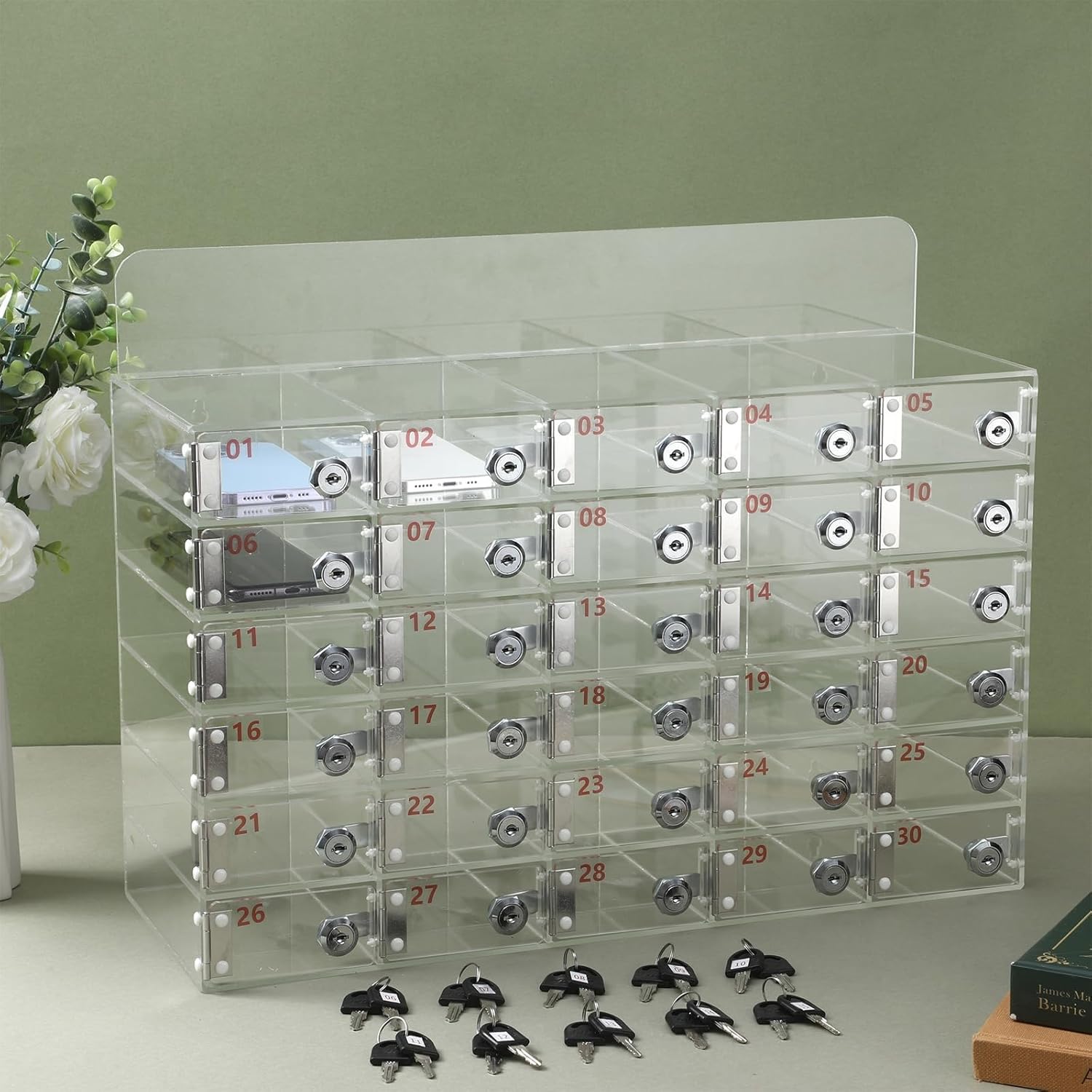 Acrylic Cell Phone Storage Locker Box, 30 Slots Wall-Mounted Safe Deposit for Office, School, Classroom & Factory - Clear Phone Cabinet with Keys, Secure Organization Solution
