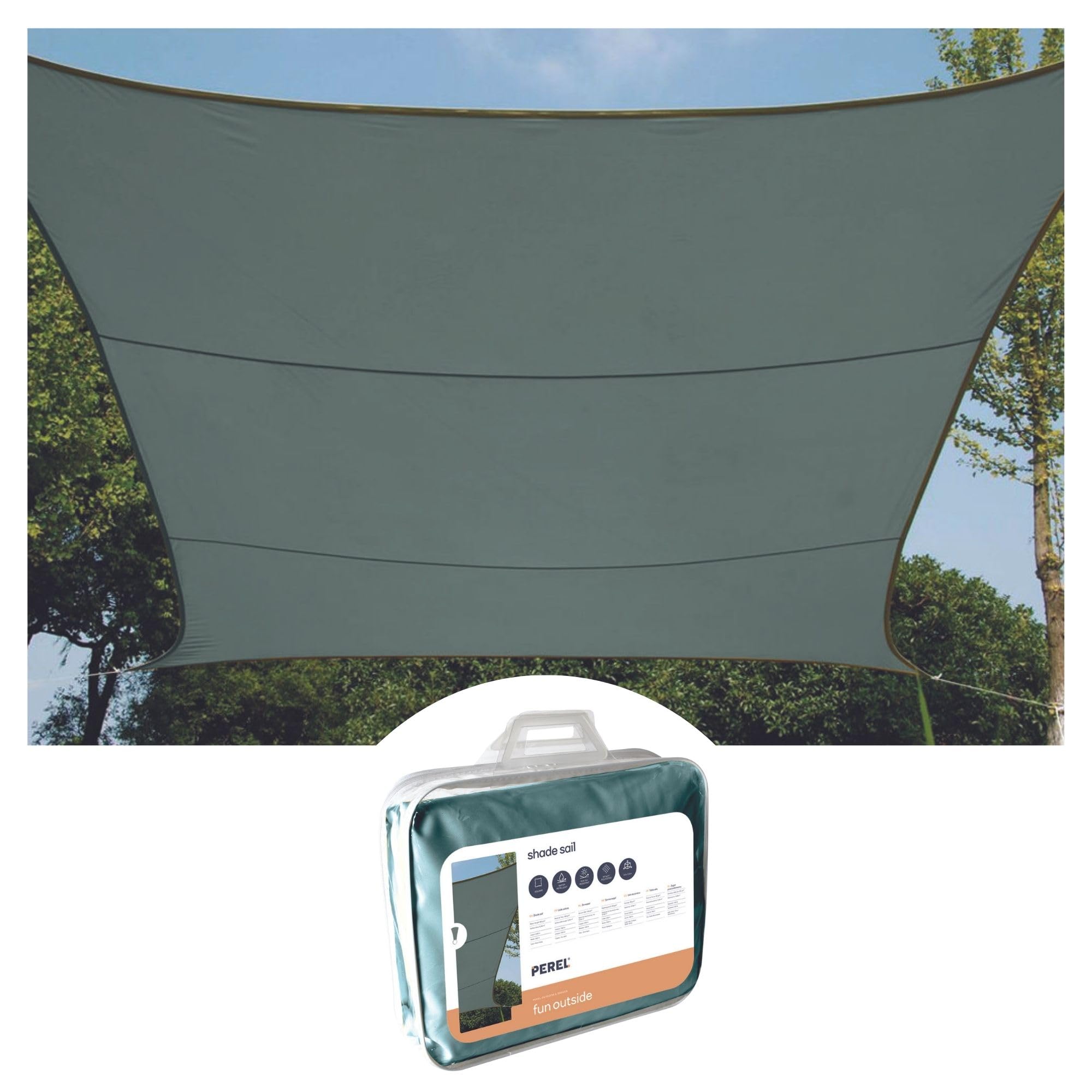 Perel Sonnensegel 3.6 x 3.6 m, quadratisch für Garten und Terrasse, wasserabweisend, UV-Schutz 90%, atmungsaktiv, grüngrau