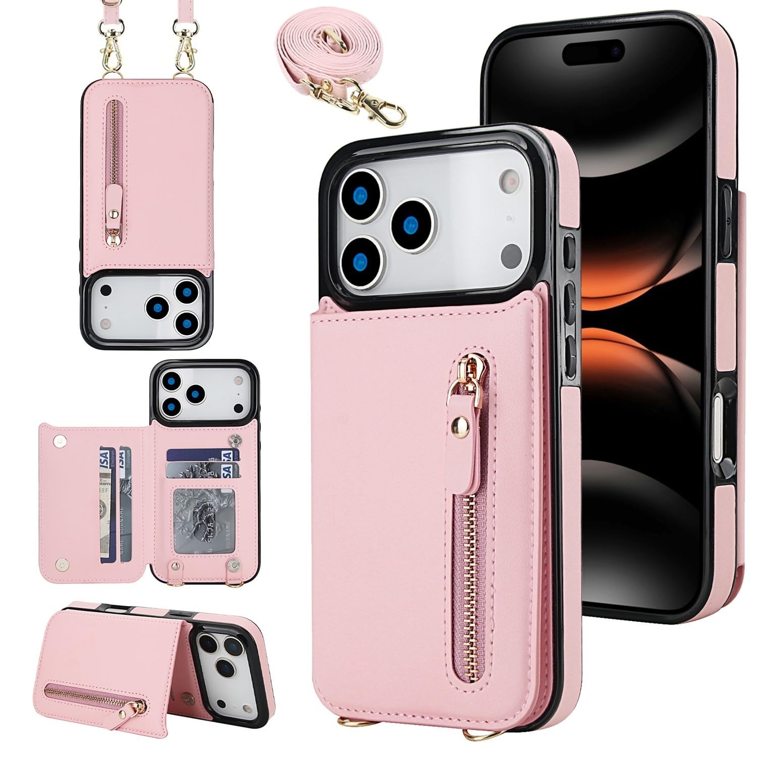 Étui iPhone 16e portefeuille cuir rose clair fentes cartes housse protection intégrale - 7