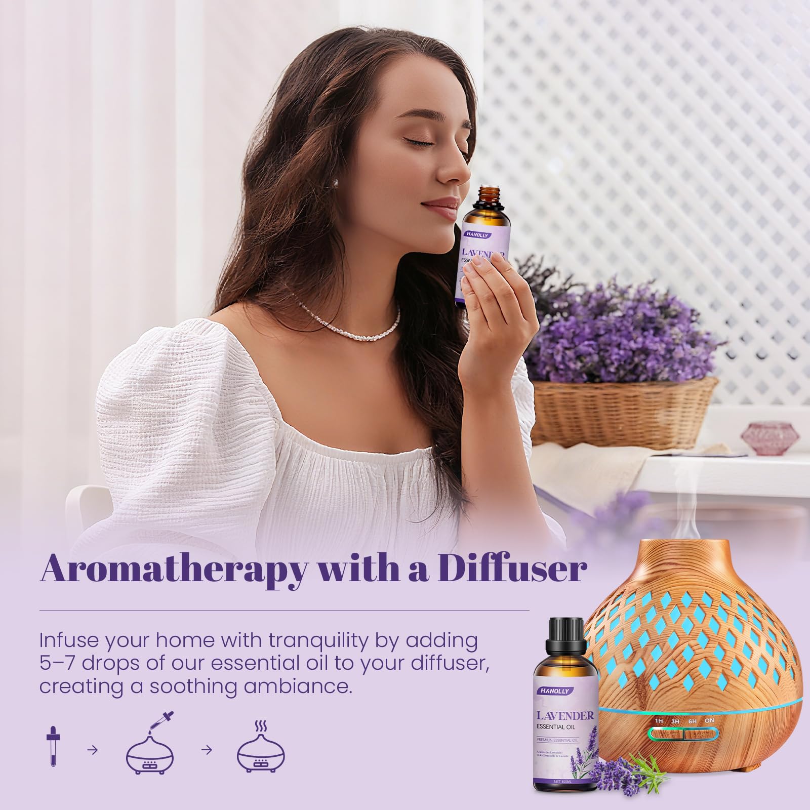 HANOLLY Olio Essenziale Lavanda 100ml, Oli Essenziali per Diffusori Naturali, Profumati di Aromaterapia olio per Massaggio Corpo, Candele Fai da Te, Diffusore, SPA, Bagno, Regalo donna compleanno DIY