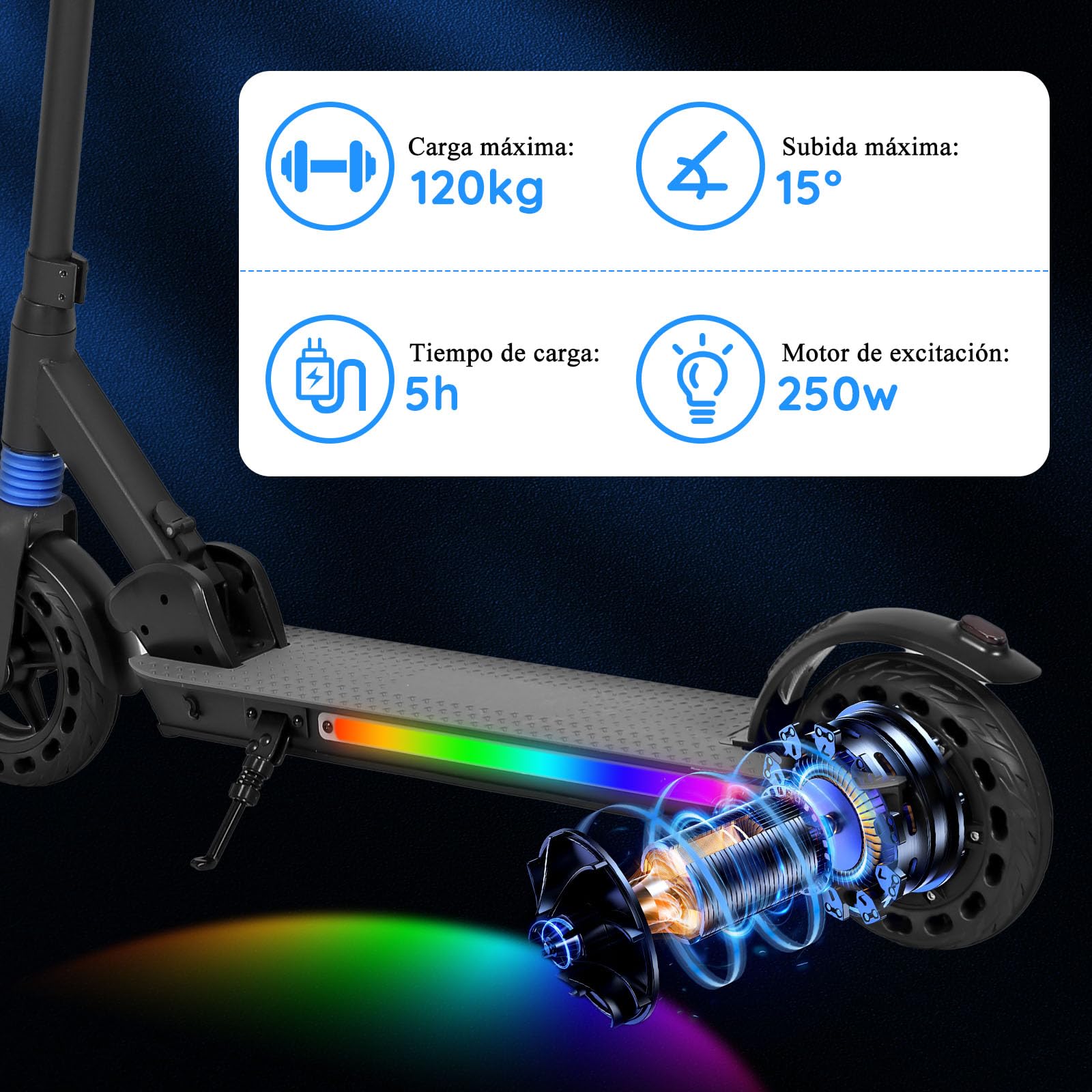Patinete eléctrico para niños de 8 a 12 años, 8'' Plegable con luz arcoíris, autonomía de 25 km, Pantalla LED, Velocidad y Altura Ajustables, Regalo para niños y Adolescentes