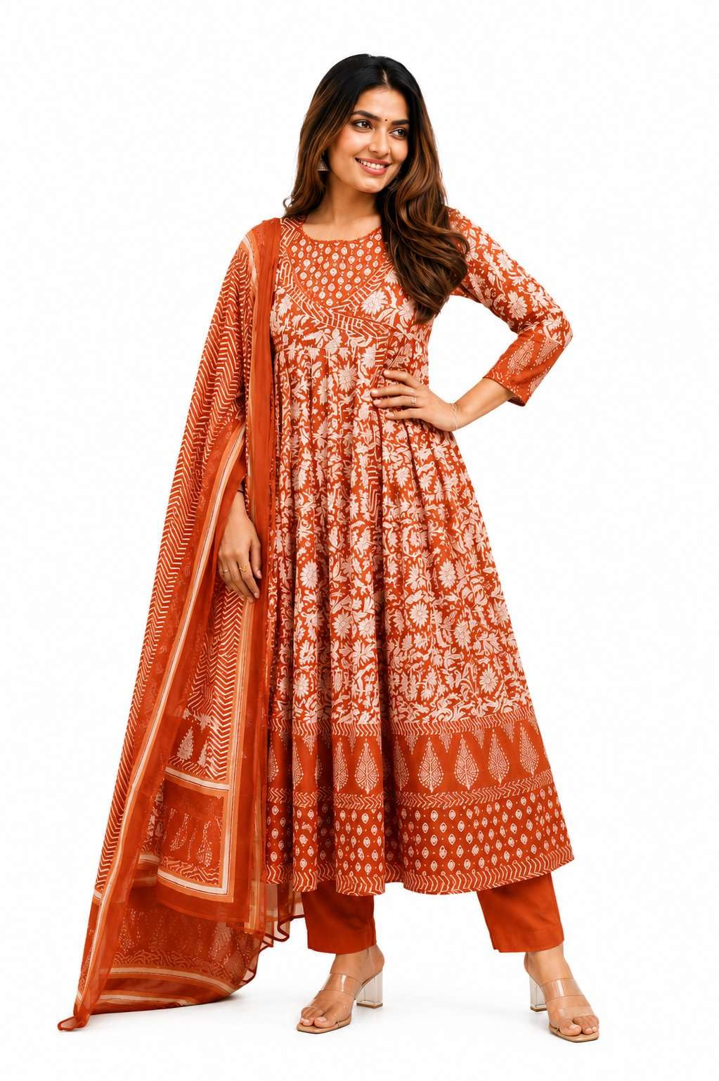 Women's Cotton Floral Printed Anarkali Kurti With Pant and Mulmul Dupatta Set-picture-34