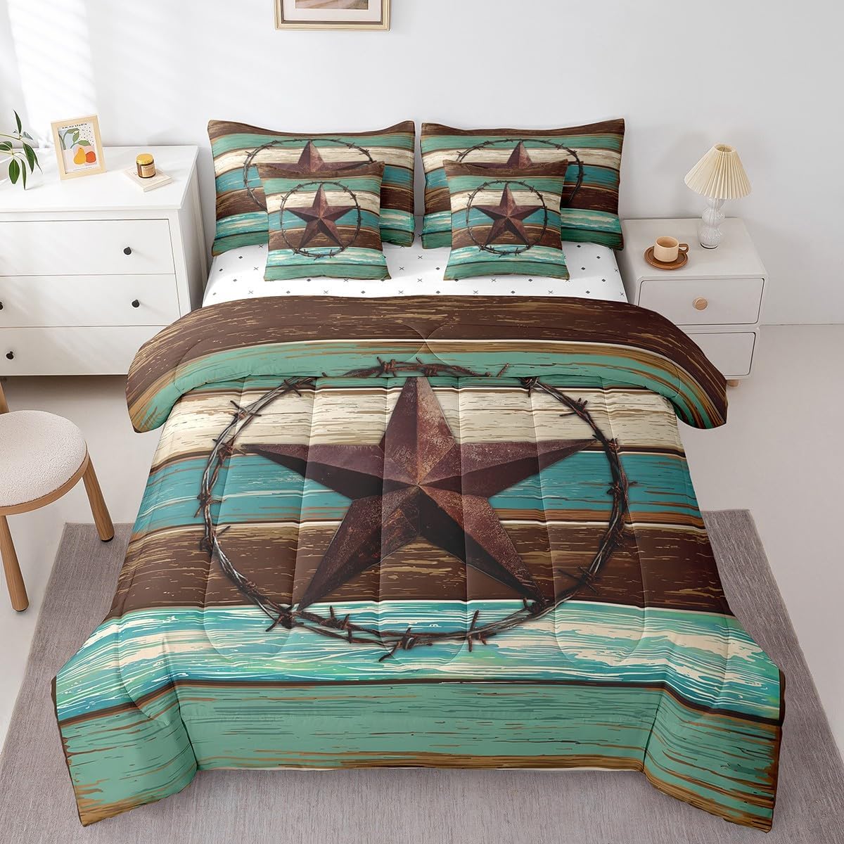 Manfei 7pcs Western Texas Star Comforter Set King, Green Grey Wooden Plank Bed Set for Kids Boys,Rustic Farmhouse Bedding(1 Comforter,1 Fitted Sheet,1 Flat Sheet,2 Pillowcases,2 Throw Pillow Cover)