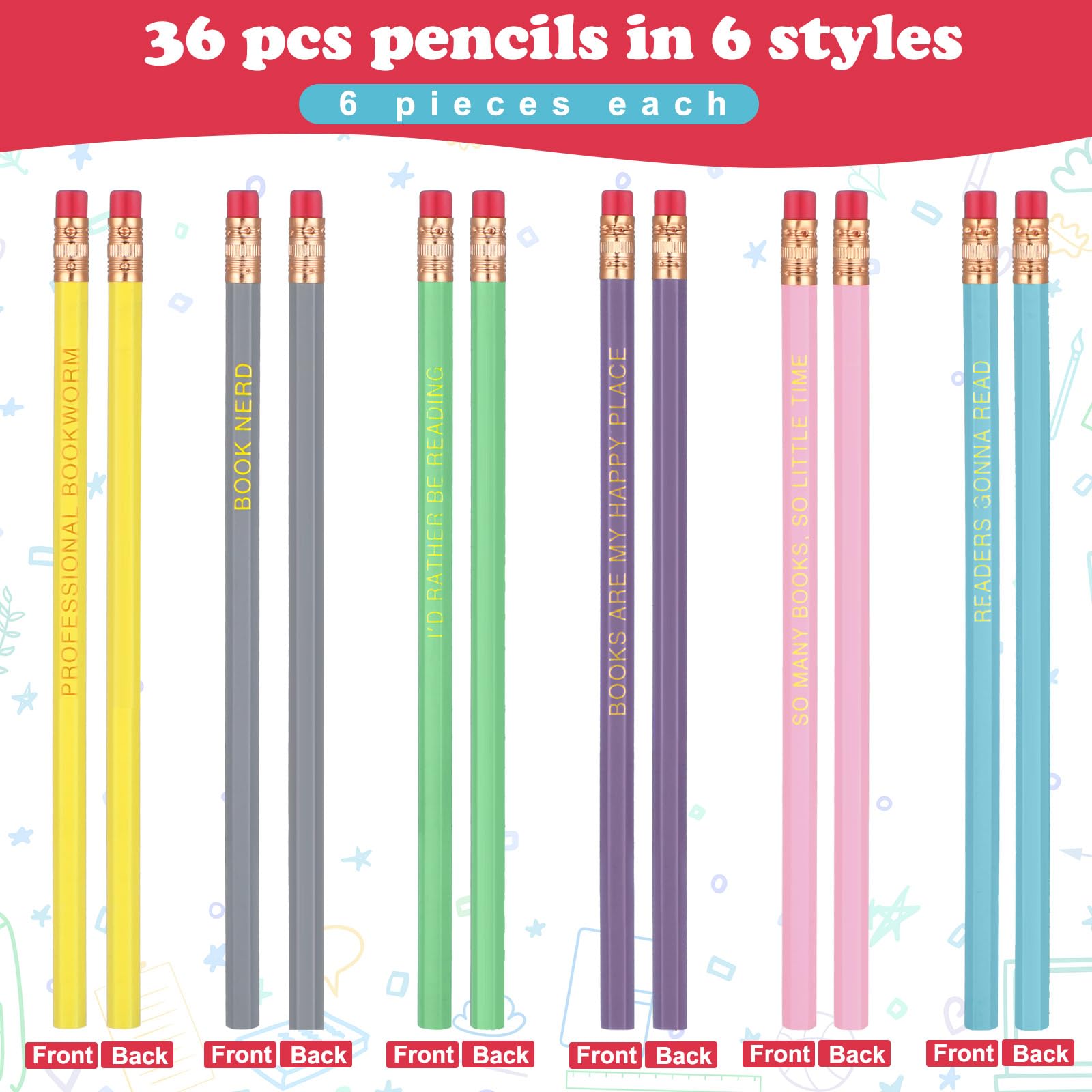 Affrolling 36 lápices de libro nerd a granel con borrador, divertidos lápices de lectura motivacional, 6 diseños surtidos, divertidos lápices educativos afilados, lápices de madera de grafito 2b