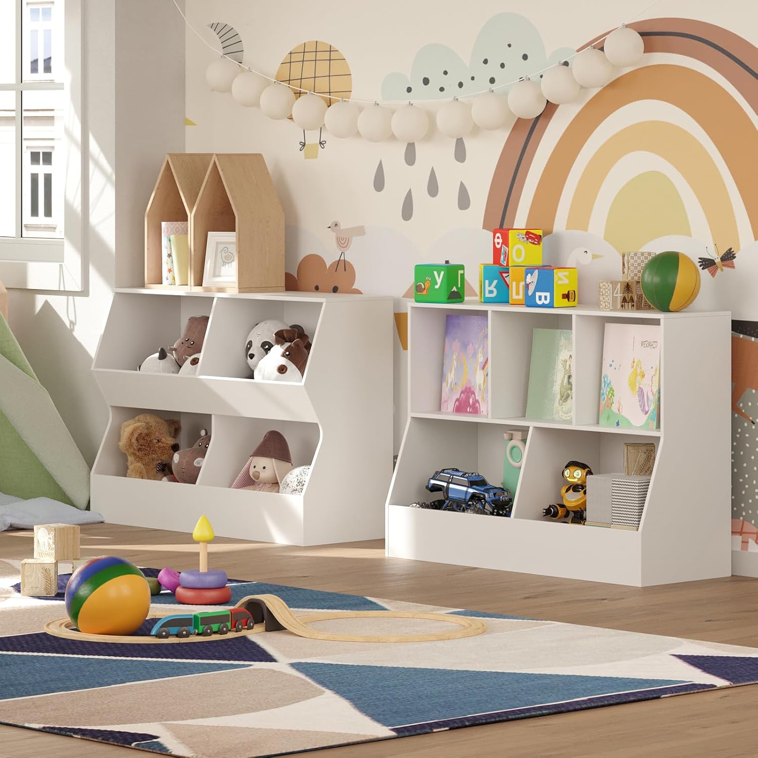 DINZI LVJ Toy Storage Organizer, Kids Bookshelf, Wood Toy Storage Cabinet, 5 Cubby Children Bookcase, 39.4" L Toddler Book Shelf for Playroom, Living Room, Nursery, Hallway, School, White 2-Tier 39.4" White