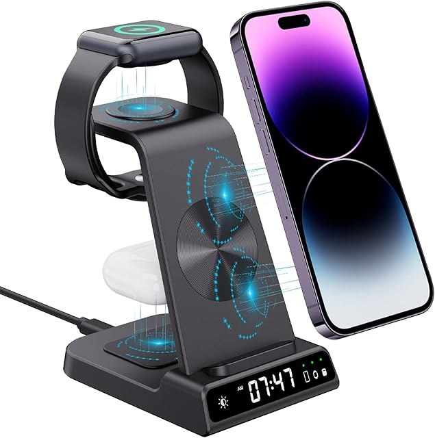 doeboe Wireless Charger, 3 in 1 Wireless Charging Station with Digital Clock for iPhone 14 Pro Max/14 13 12 Pro, Docking Station for Airpods Pro/2/3, Watch Charger Stand for iWatch SE/8/7/6/5/4/3/2/1