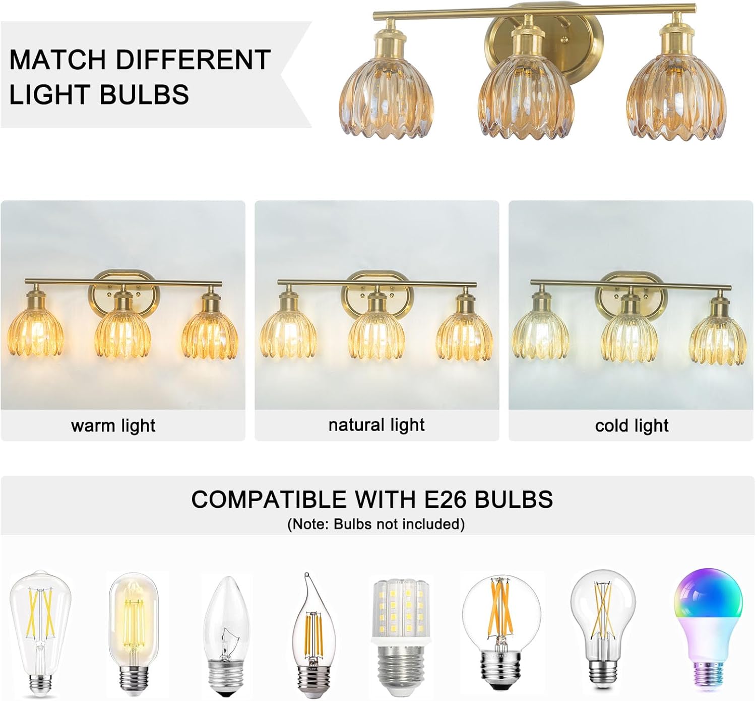 Gold Bathroom Light Fixture, 3-Light Bathroom Vanity Light Over Mirror with Ribbed Amber Tulip Glass Shade, Brass Wall Scone Lighting for Farmhouse, Bedroom,Living Room,Hallway