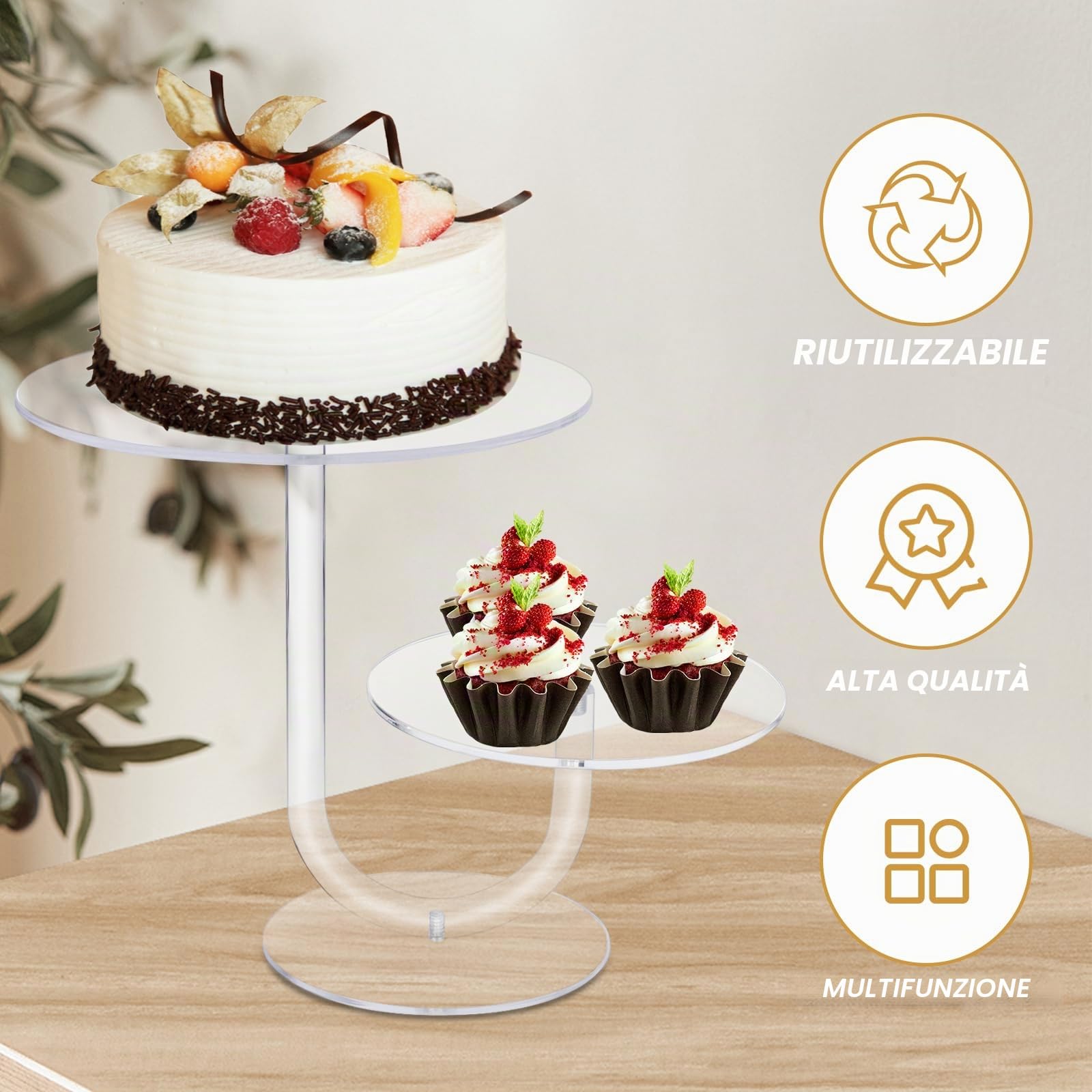 CECOLIC Alzata per Torta Trasparente a 2 Livelli Alzata per Cupcake in acrilico Porta Espositore Pasticceria per Dessert, Riutilizzabile per Matrimoni, Compleanni, Decorazioni per Feste (25,4 cm)