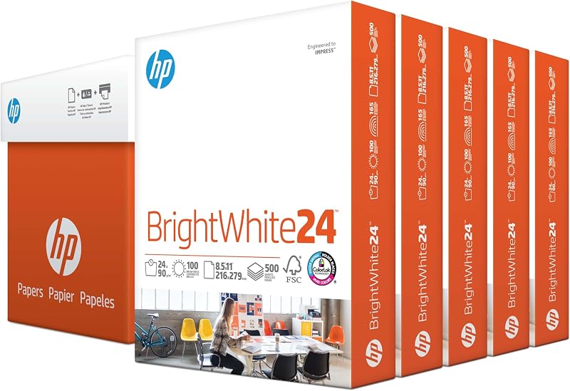 HP Papers | 8.5 x 11 Paper | BrightWhite 24 lb |5 Ream - 2500 Sheets| 100 Bright | Made in USA - FSC Certified | 203000C