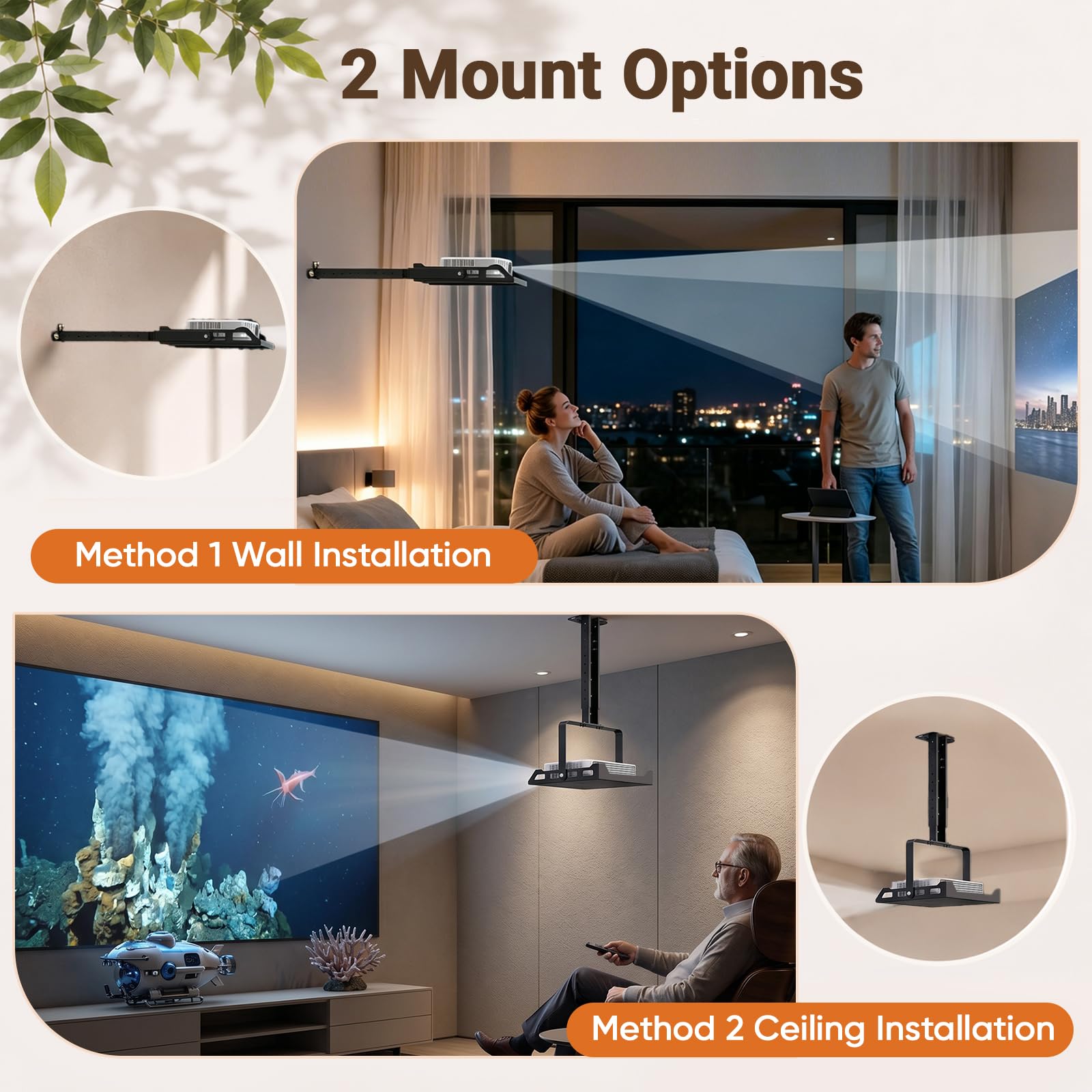 Support de projecteur pour plafond et mur, réglable (49-73 cm) avec plateau inclinable à 360°, charge maximale de 10 kg, guide de câble intégré pour home cinéma, bureau et salle de classe