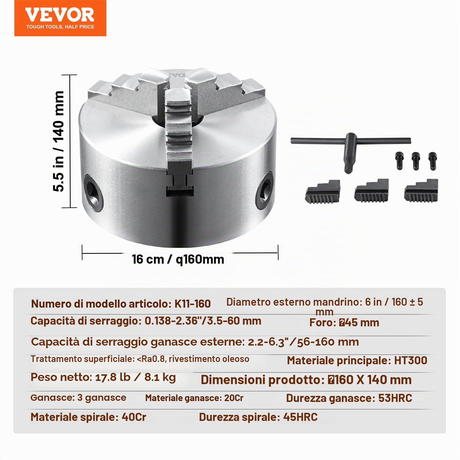 VEVOR Mandrino a 3 Ganasce per Tornio Mandrino Autocentrante Materiale in HT300 Diametro 160 ± 5 mm, Mandrino per Tornio a 3 Griffe Gamma di Serraggio 3,5-60mm, Mandrino Autocentrante per Tornio 160mm