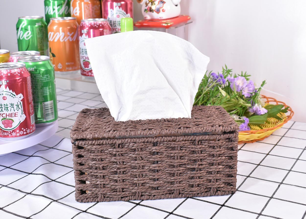 Decorative Woven Rectangle Tissue Box Holder with Easy Flip-Open Top, Bathroom Decor Facial Tissues Cover with Sturdy Paper Rope Material (Coffce Small)