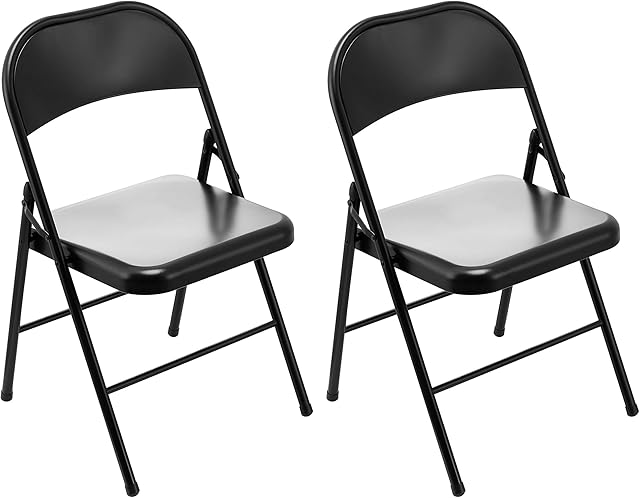 LeChamp 2pcs Metal Folding Chairs Indoor Foldable Chair Black Folding Dining Chairs Outdoor Desk Chair Garden Chairs Camping Office Chair for Guest, Visitor & Conference Temporary Seat