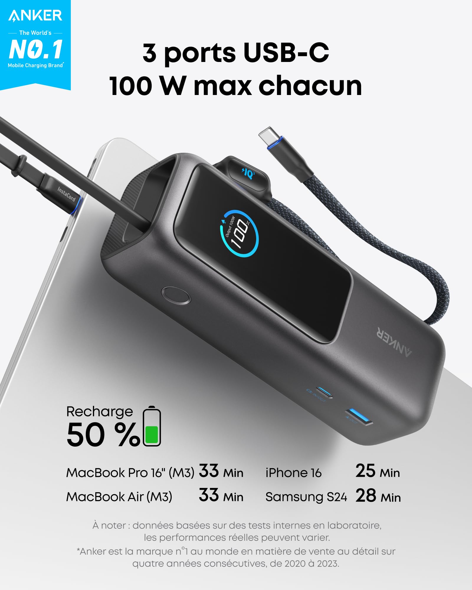 Anker Batterie Externe 25000mAh 165w pour Ordinateurs Portables 3 Ports USB C pour Plusieurs Appareils, Câble Intégré+Câble Rétractable, pour iPhone17 Pro Max/16 15, MacBook, Samsung