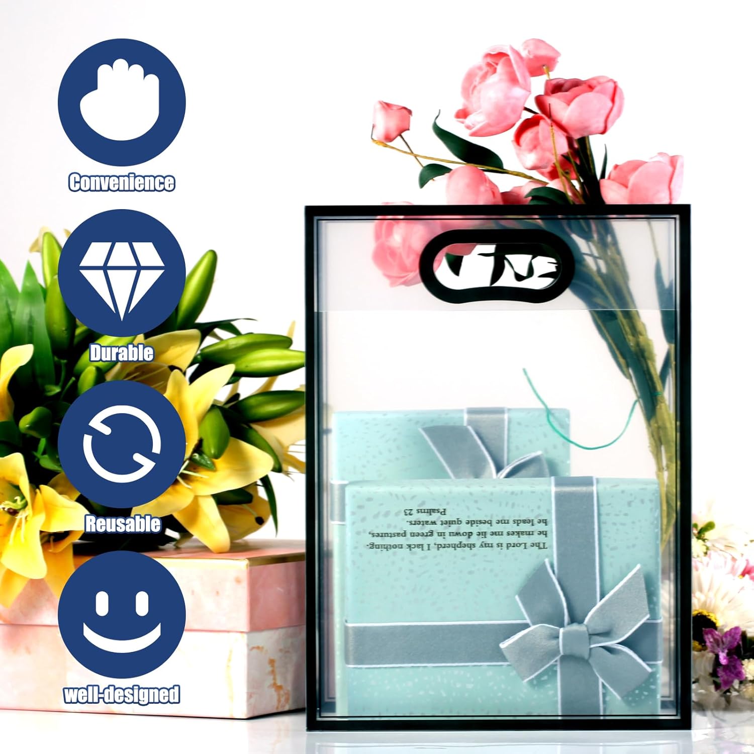 GAWBYET 24 Pcs Clear Plastic Gift Bags with Handles, Reusable Party Favor Bags With ribbons and cards for Mother's Day, Birthday, Wedding,Bachelorette Party,(7 x 10 x 3.15 Inch)