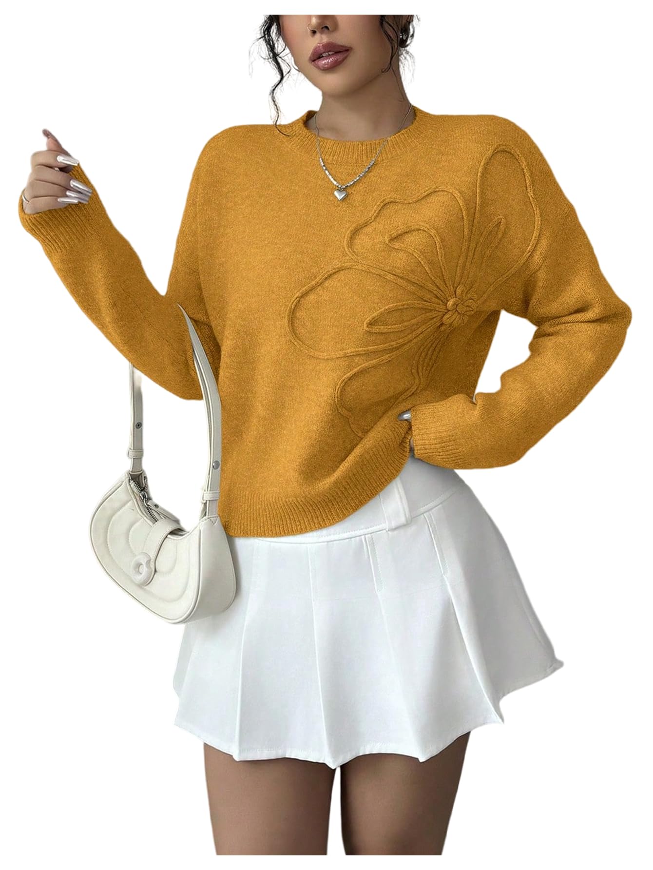 RoseSeek Women's 3D Floral Appliques Sweaters Long Sleeve Knit Tops