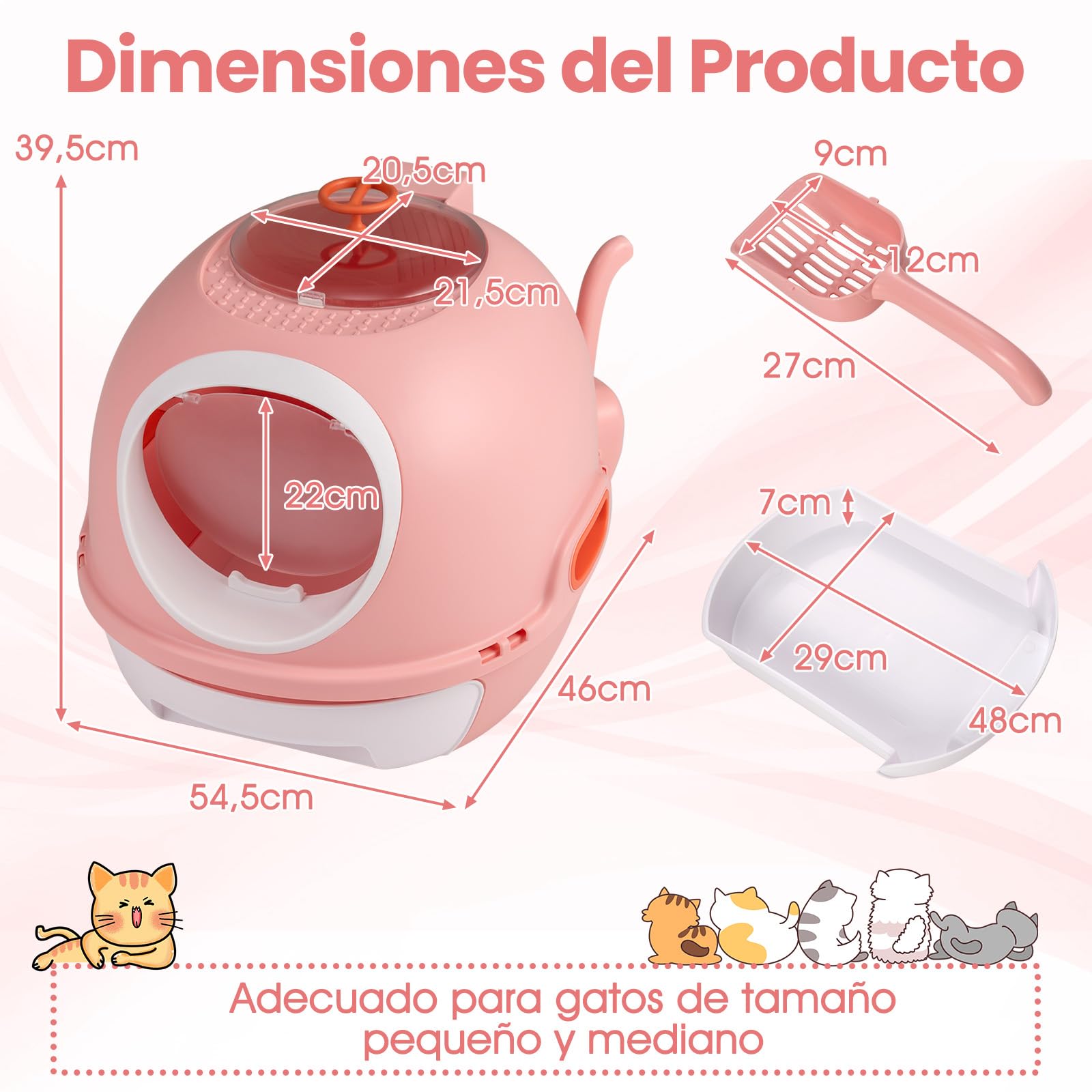COSTWAY Arenero para Gatos Cubierto, Estilo Helicóptero, Caja de Arena Plegable para Gato con Entrada Frontal y Salida Superior, Pala, Bandeja Portátil para Gatos Grandes, 54 x 46 x 39 cm (Rosa)
