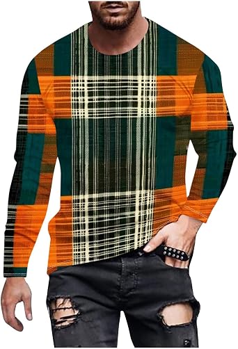 Western Shirts for Men 2024 Trendy Long Sleeve Striped Checkered Print Tshirt Loose Fit Crewneck Sweatshirts