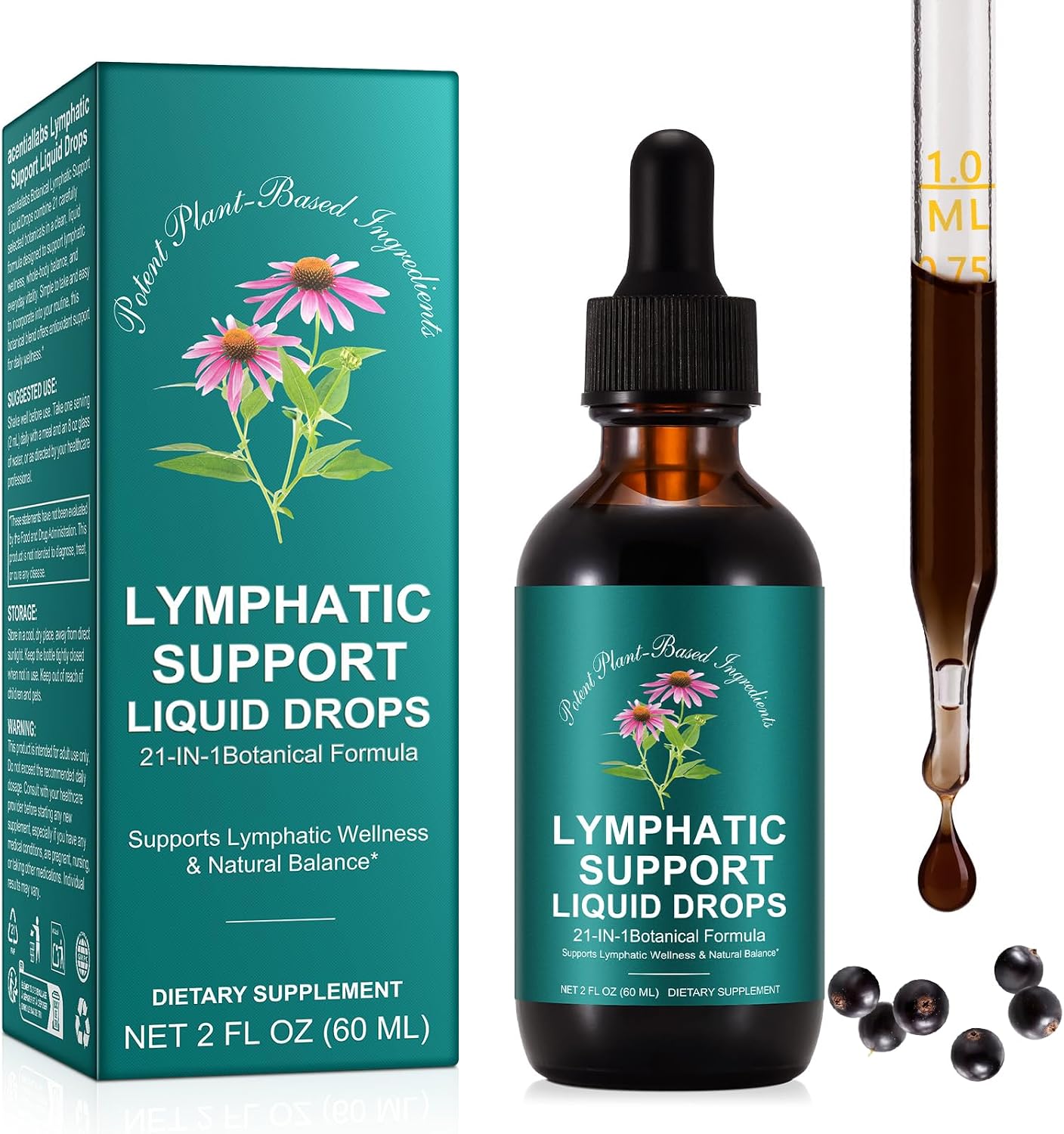 21-in-1 Lymphatic Drainage Drops， Lymphatic Support Liquid Drops with Turmeric, Elderberry & Dandelion, for Women & Men, 2 fl oz