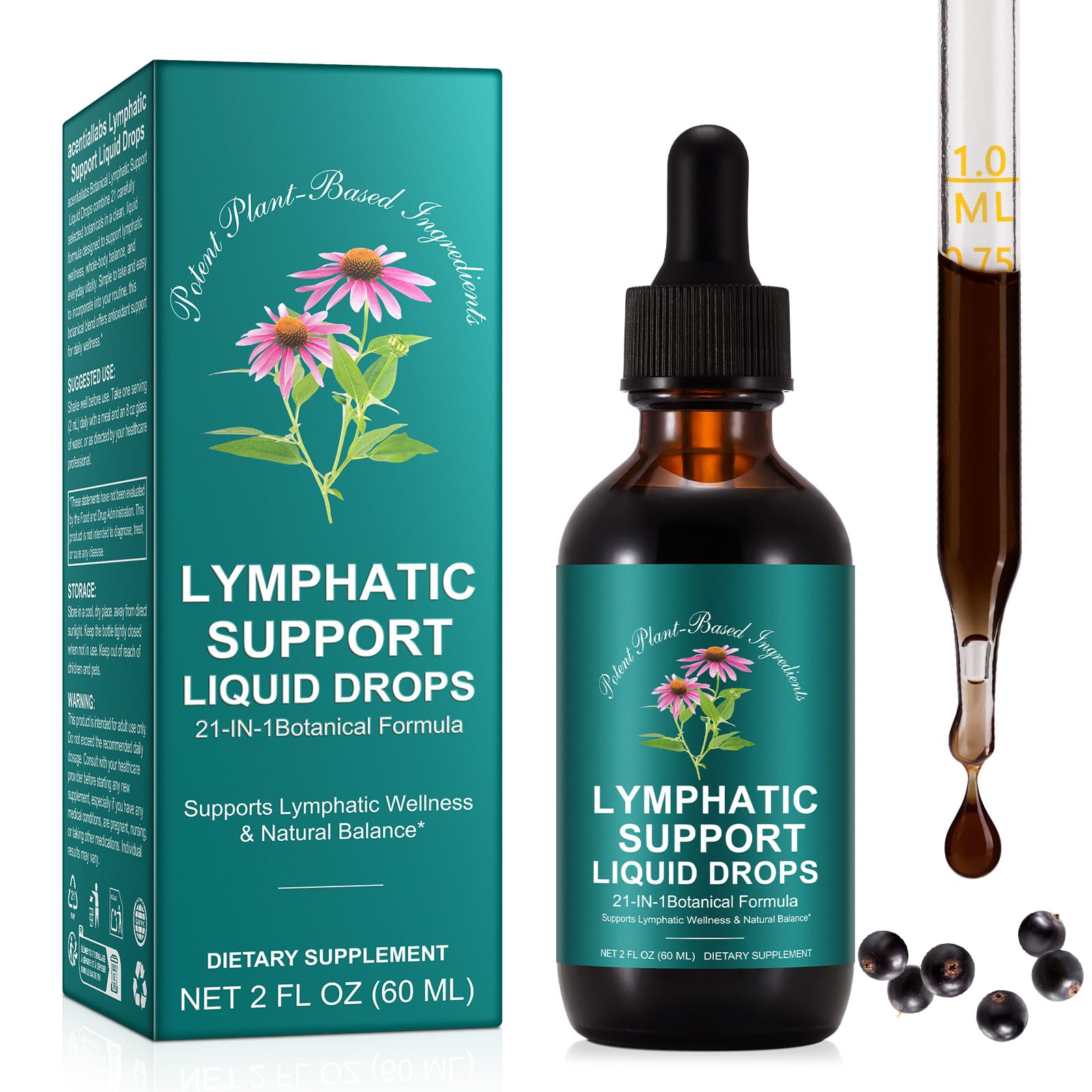 21-in-1 Lymphatic Drainage Drops， Lymphatic Support Liquid Drops with Turmeric, Elderberry & Dandelion, for Women & Men, 2 fl oz 5.93 Ounce (Pack of 1)