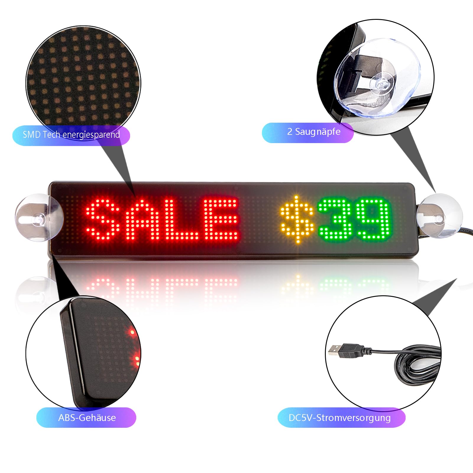 Leadleds Scrolling Scheda LED USB 5 V, controllo tramite app Bluetooth, display RGB programmabile, lavagna messaggistica per finestrini auto, taxi, vetrina (23 cm x 5 cm)