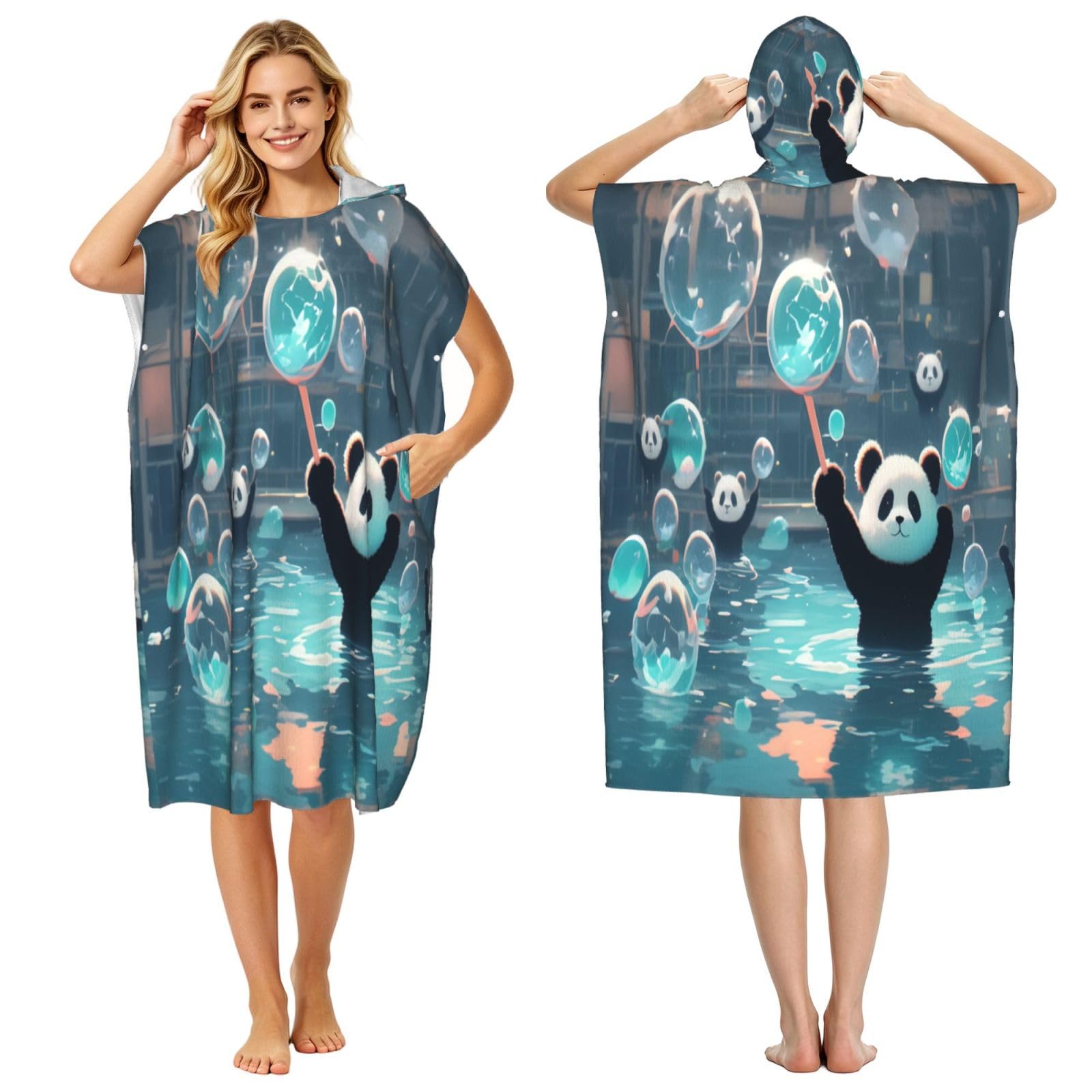 DTHKJNLSF Panda Playing In A Pool Adult Hooded Beach Poncho Towel