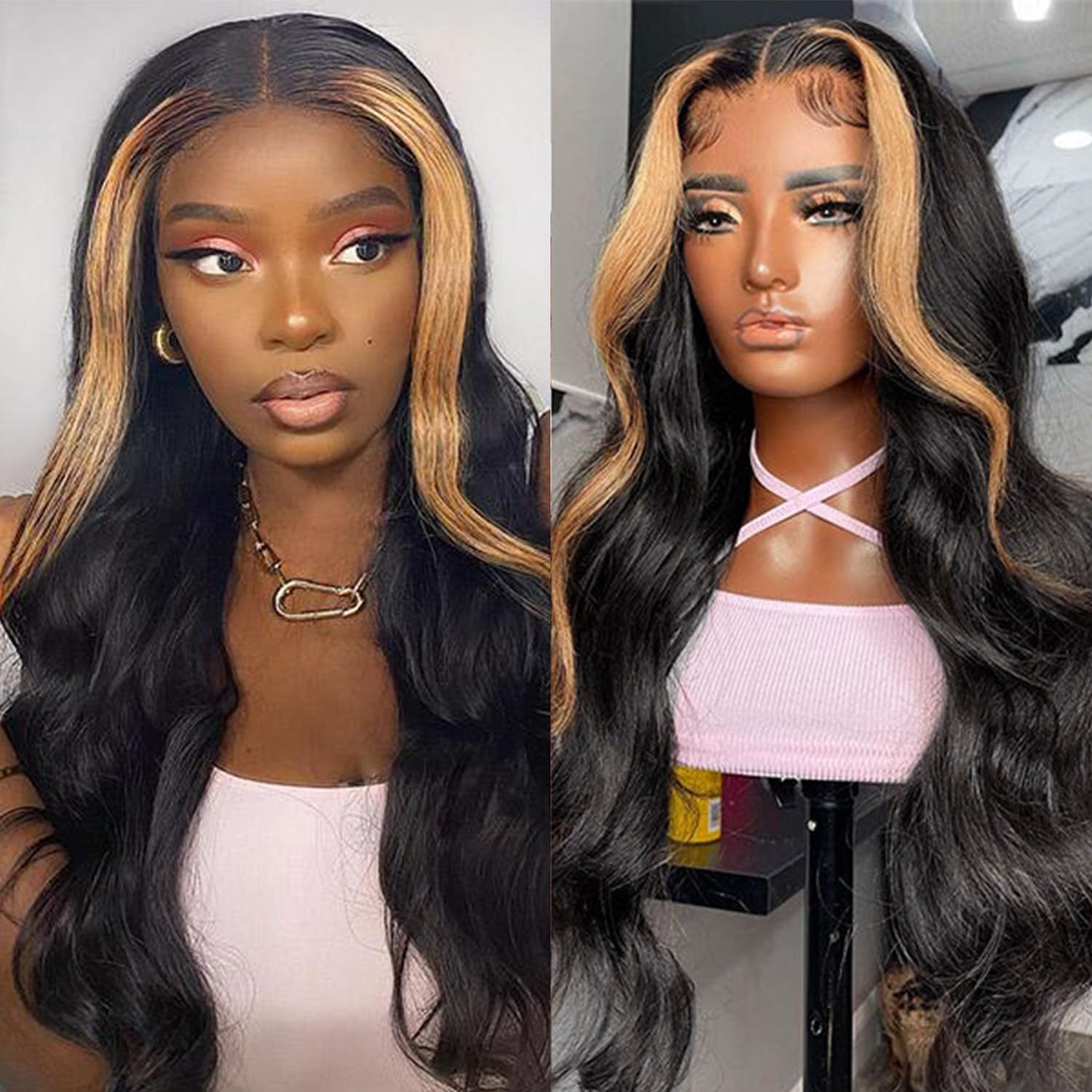 Colorful Bird Skunk Stripe Lace Front Wigs Honey Blonde Ombre Body Wave 4x4 Highlight Lace Closure Wig Human Hair Glueless Pre Plucked Hariline with