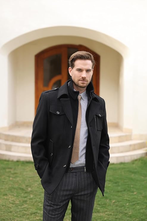 YOUTHUP Mens Wool Coats Casual Thick Short Winter Trench Coat Regular Fit Peacoat with Detachable Inner Collar