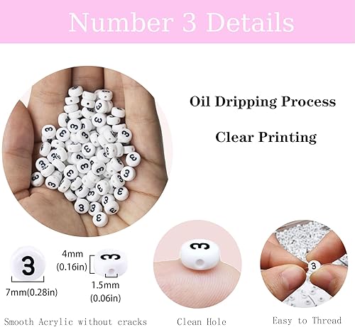 Miniatura 2 de 200 cuentas blancas del número 3 para pulseras, cuentas acrílicas de un solo número, 3 cuentas, 0.157 x 0.276 pulgadas, cuentas planas y redondas de