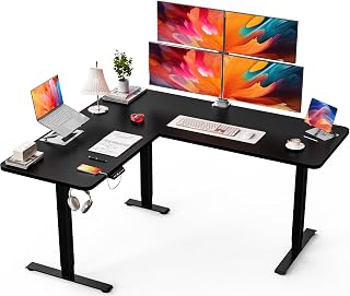 63″ L Shaped Standing Desk, Electric Adjustable Height with A/C Charging Port, Large Corner Desk & Storage, Sit Stand Computer Table, Raised L-Shaped Workstation with Splice Board for Home Office