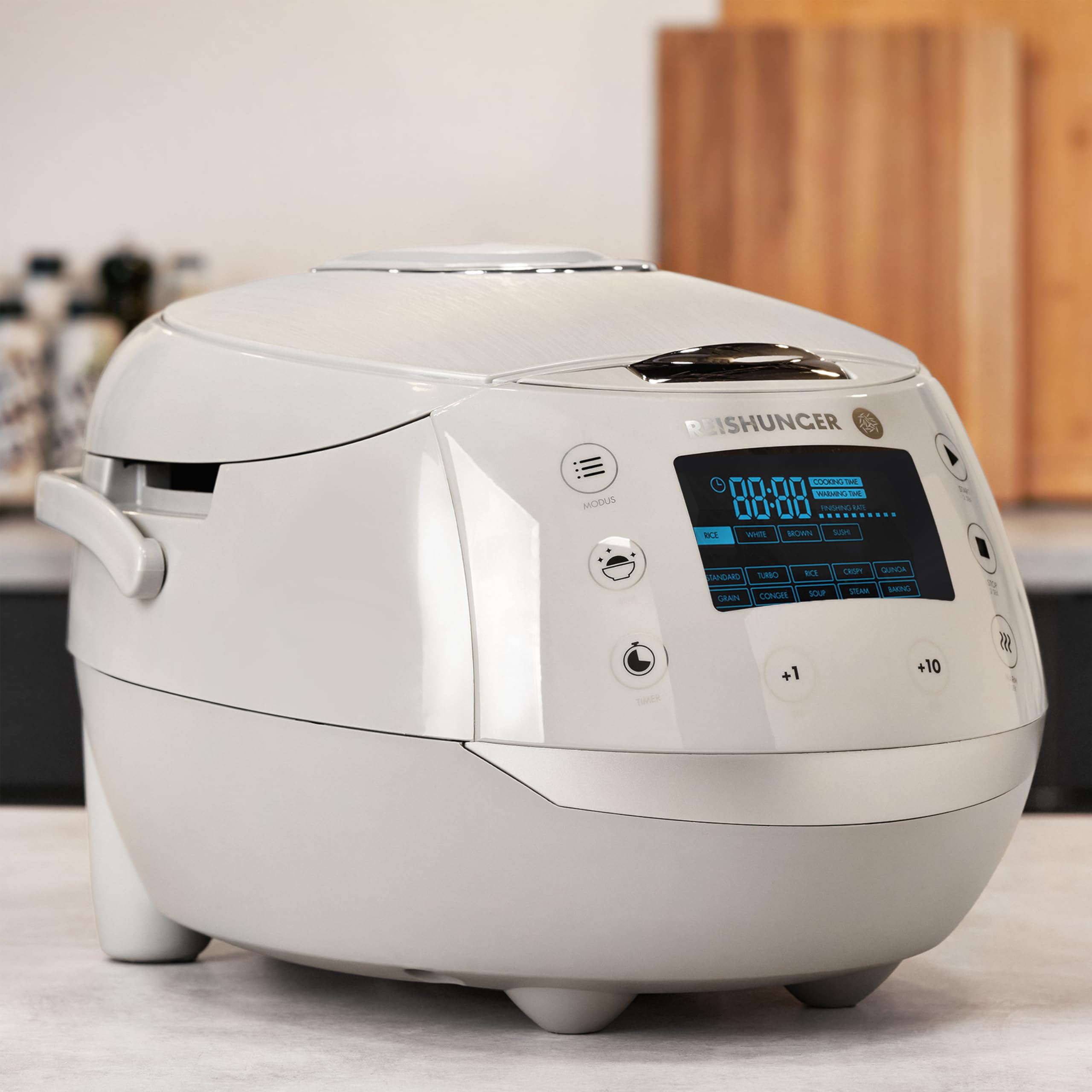 REISHUNGER Olla Arrocera Eléctrica y Vaporera – 1,5 L – Gris | hasta 8 personas – Temporizador y recipiente interior Premium – Olla multifunción, 12 programas, tecnología de 7 fases