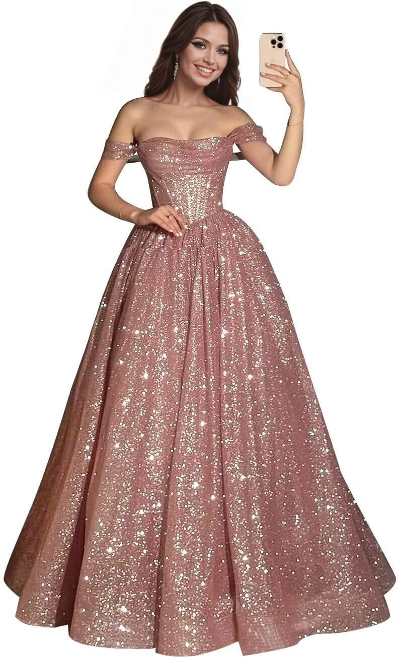 Off Shoulder Quinceanera Dress 2026 Long Sparkly Sequin Tulle Prom Dress A Line Corset Formal Ball Gown L001