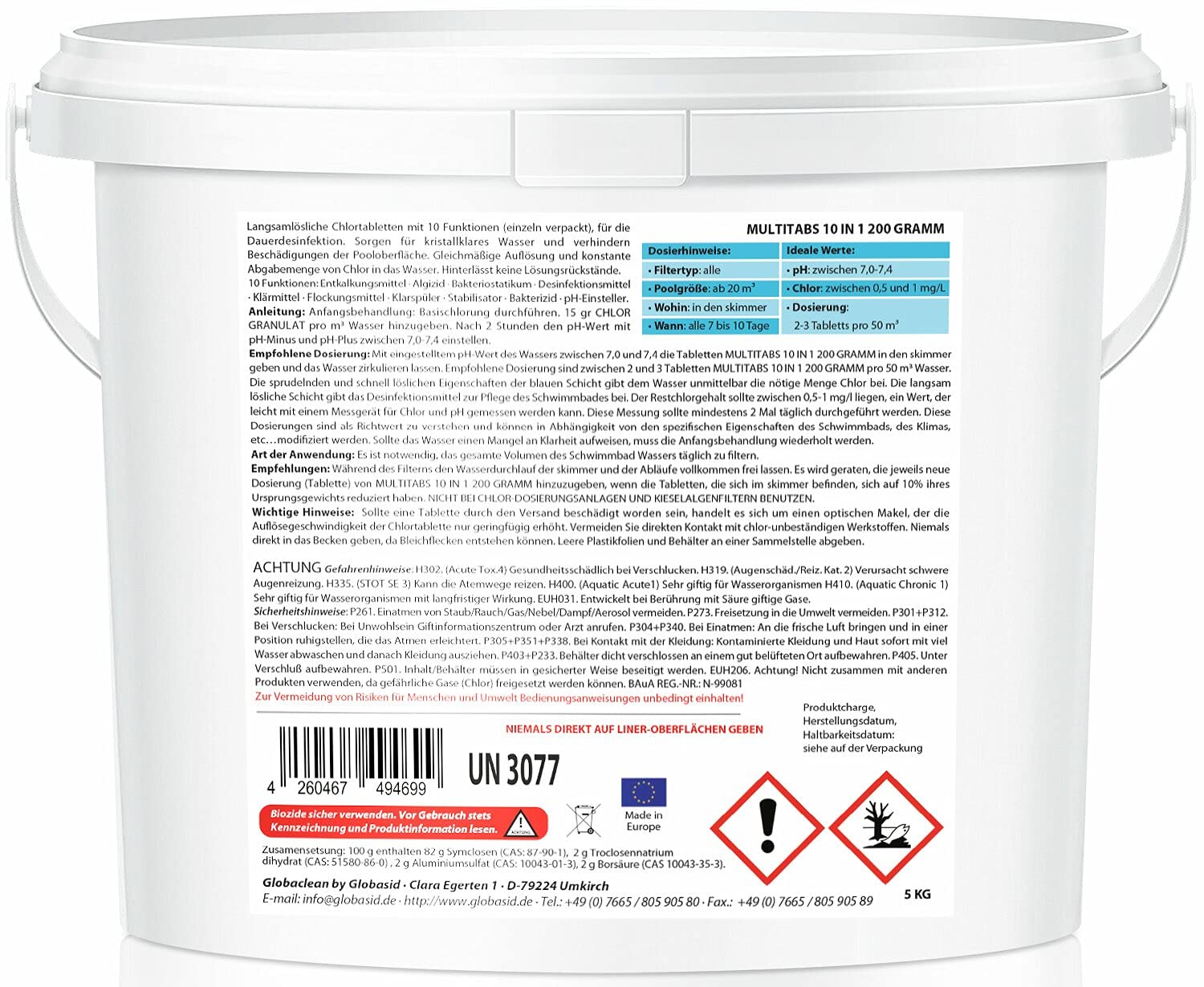 Chlor Multitabs 10 in 1 - Zwei Phasen Chlortabletten für Pool mit 10 Funktionen - Desinfektion von Poolwasser und Filter - 200g Tabletten im 5kg Eimer