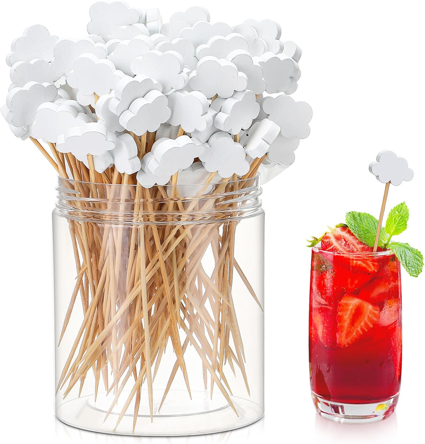 Queekay White Cloud Cupcake Toppers Cocktail Food Picks, White, 100 Pcs